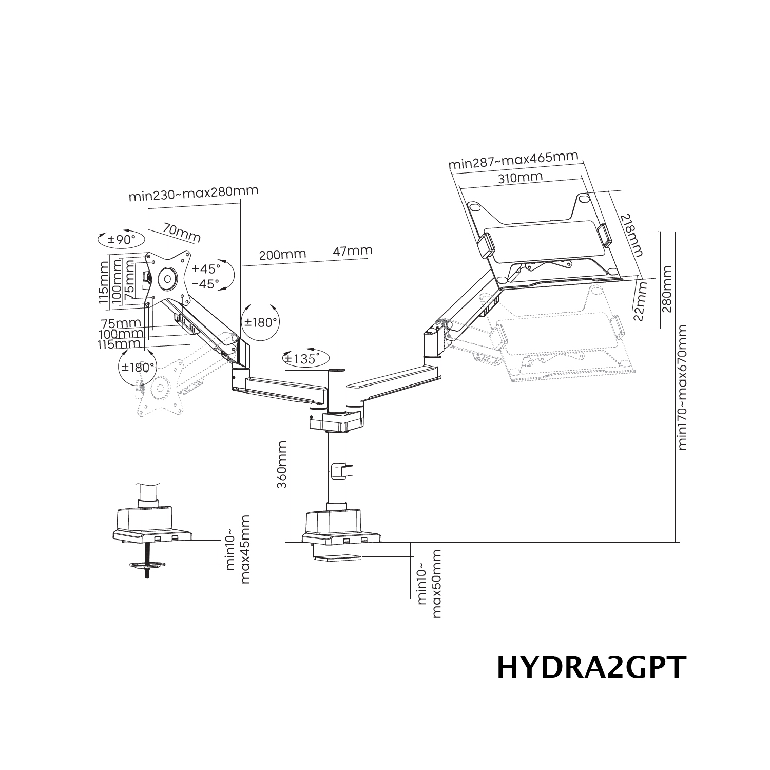 Amer Mounts - Articulating Monitor and Notebook Mount - Supports 17"-32" Monitors and 11.6"-17.3" laptops - HYDRA2GPT