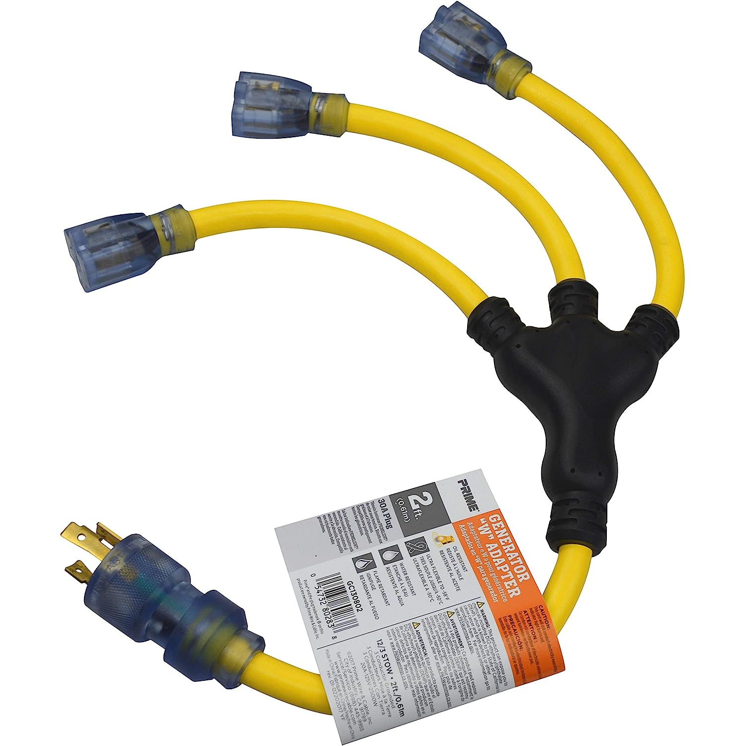 Prime GC130802 Generator Adaptors, 12/3 AWG, 30 A, 3 Outlet(s), 2'