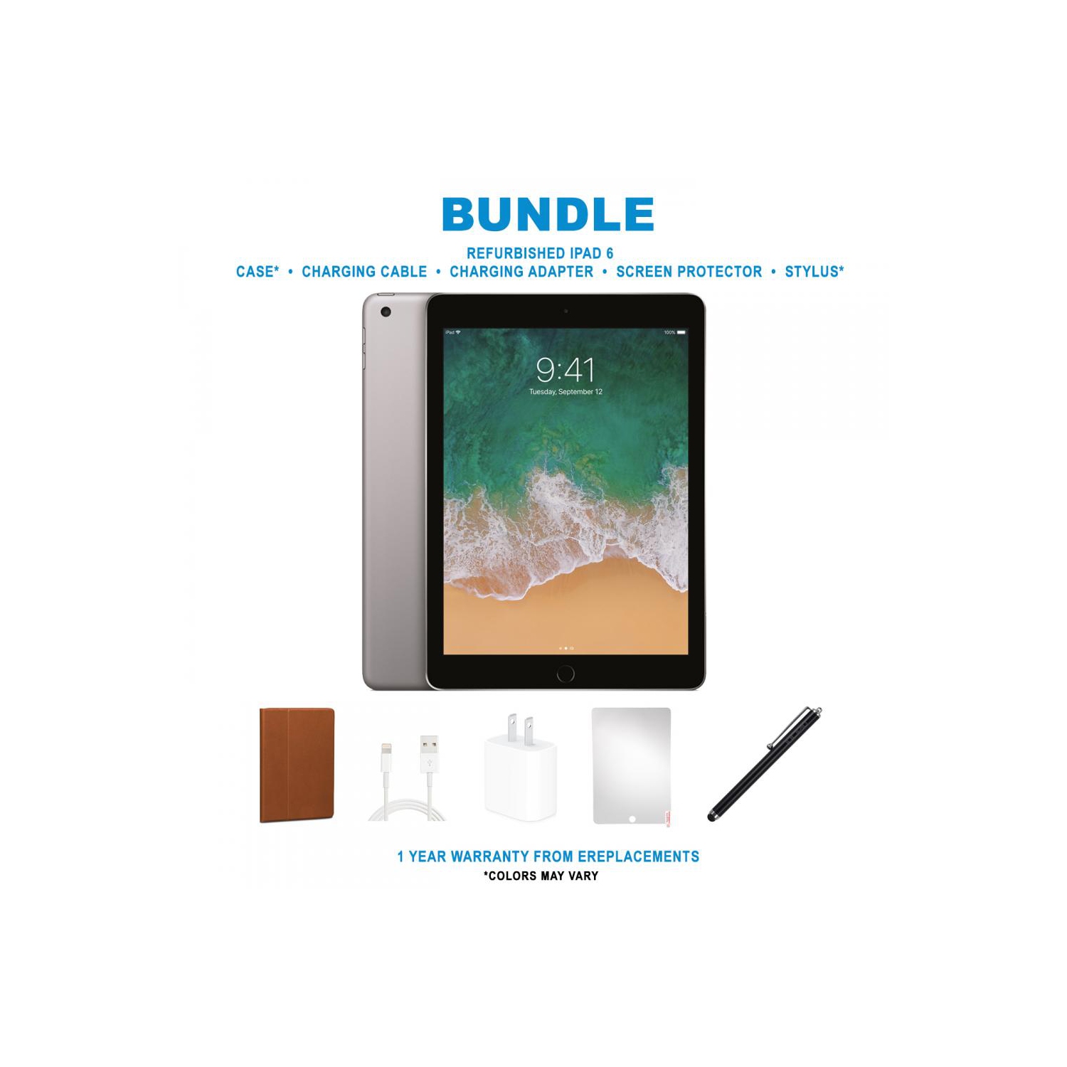 Refurbished (Good) - Apple iPad 6 (2018) Bundle, Space Gray, 32GB, Wi-Fi, Case, Stylus Pen, Screen Protector, Charging accessories