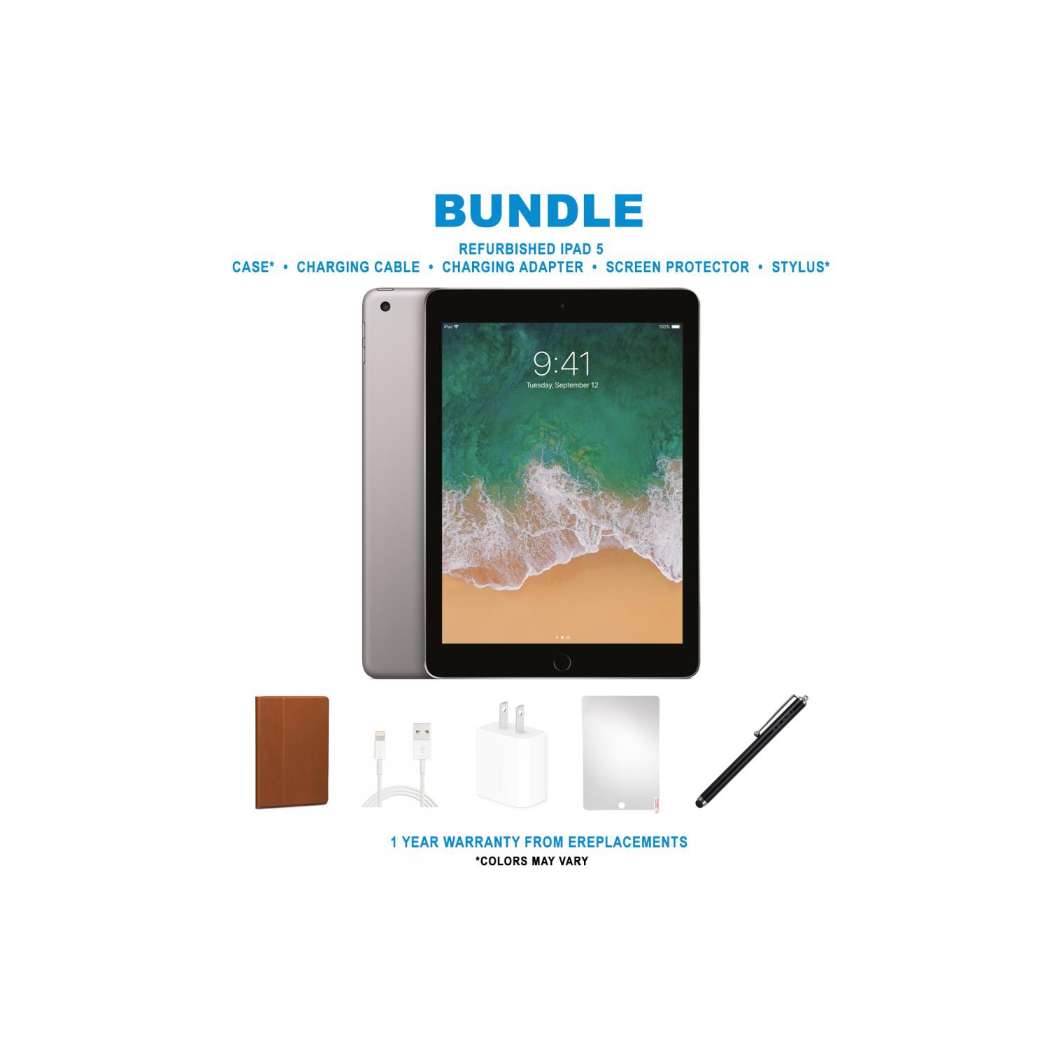 Refurbished (Good) Apple iPad 5 (2017) Bundle, Space Gray, 32GB, Wi-Fi, Case, Stylus Pen, Screen Protector, Charging accessories