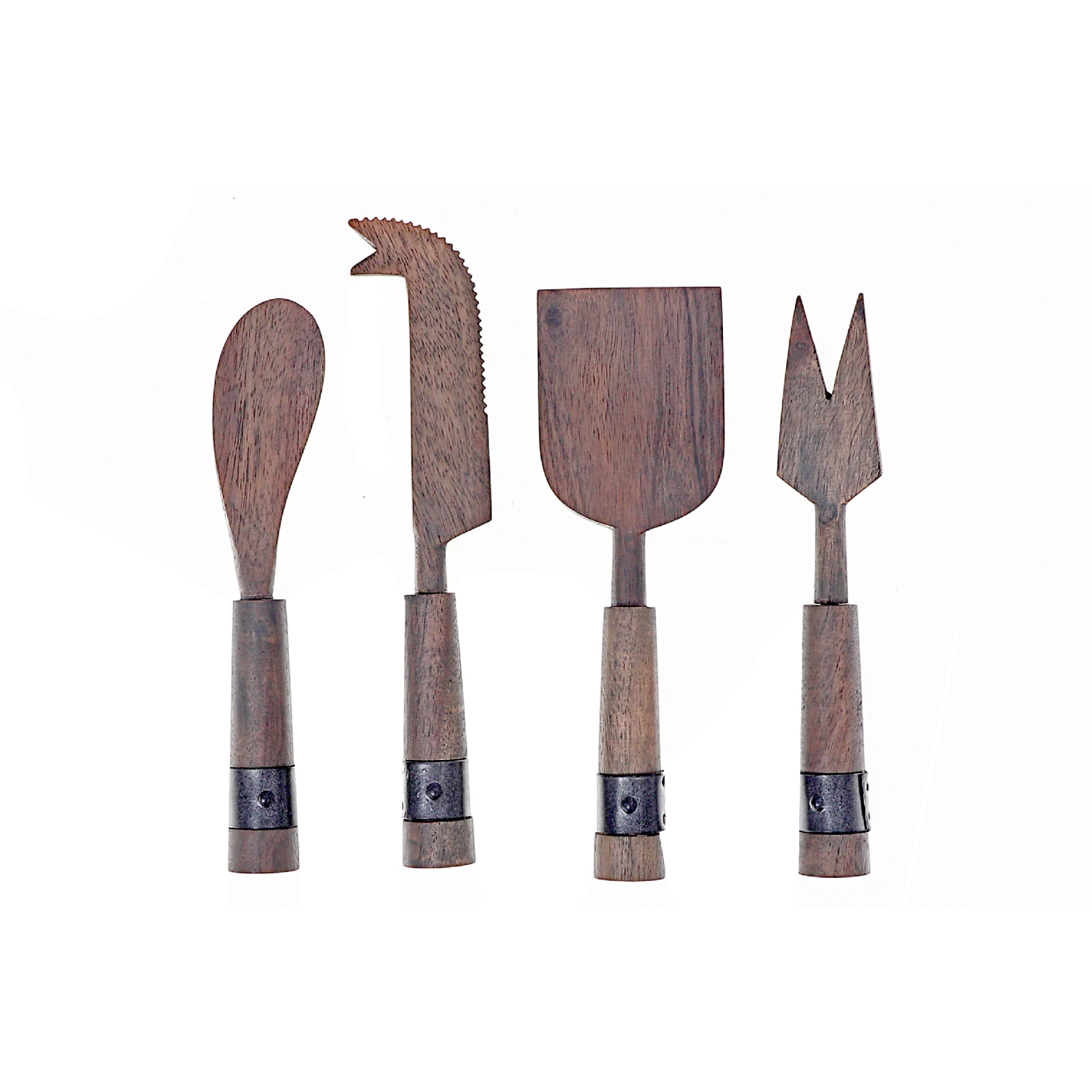 Maison Concepts Gray Acacia Wood With Riveted Gunmetall 4 Pc Cheese Cutlery Set