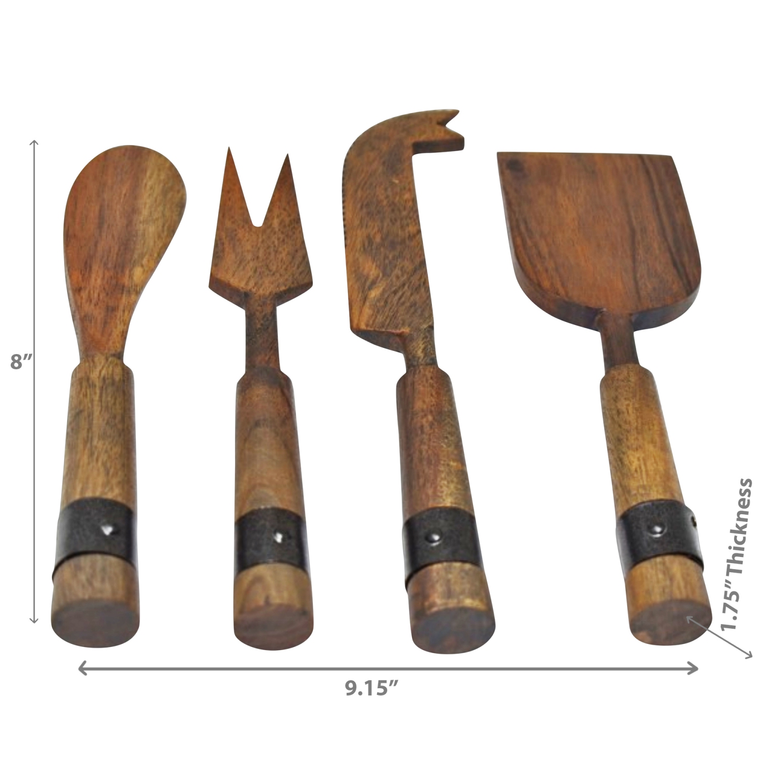 Maison Concepts Gray Acacia Wood With Riveted Gunmetall 4 Pc Cheese Cutlery Set