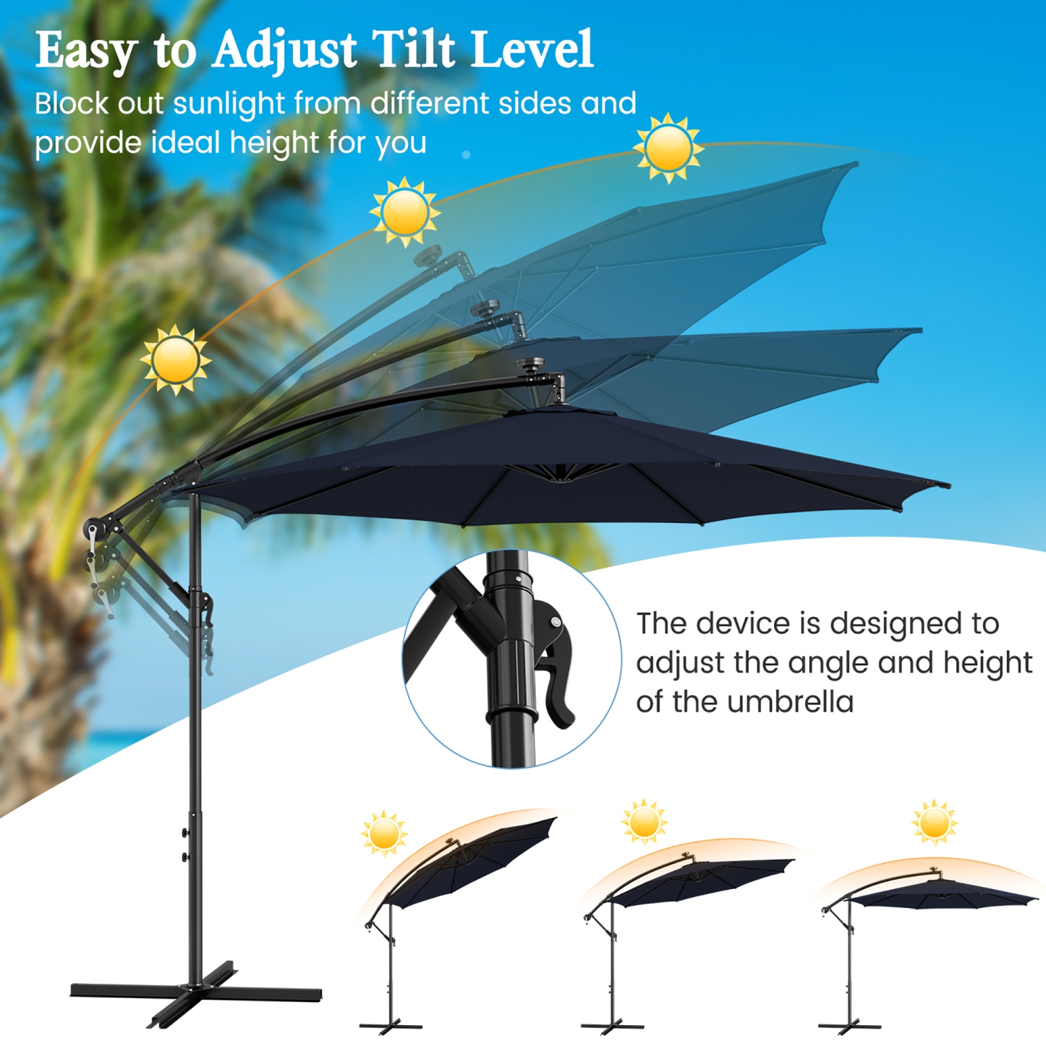 Gymax 10 FT Offset Patio Umbrella Solar Powered Cantilever Umbrella w/ 112 LED Lights
