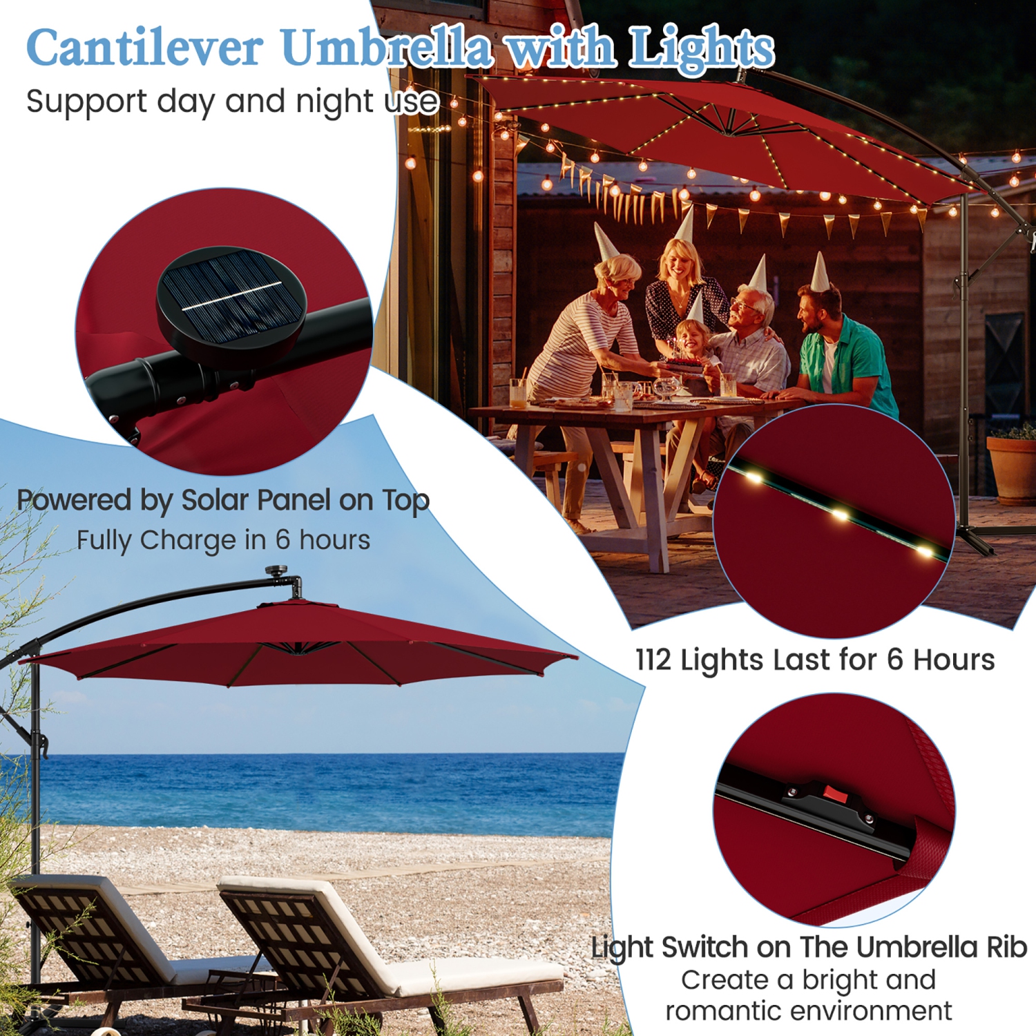 Gymax 10 FT Offset Patio Umbrella Solar Powered Cantilever Umbrella w/ 112 LED Lights