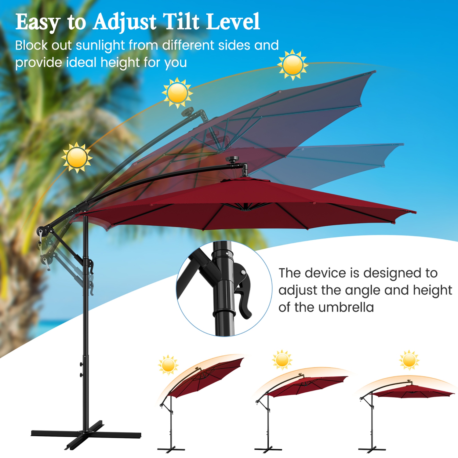Gymax 10 FT Offset Patio Umbrella Solar Powered Cantilever Umbrella w/ 112 LED Lights
