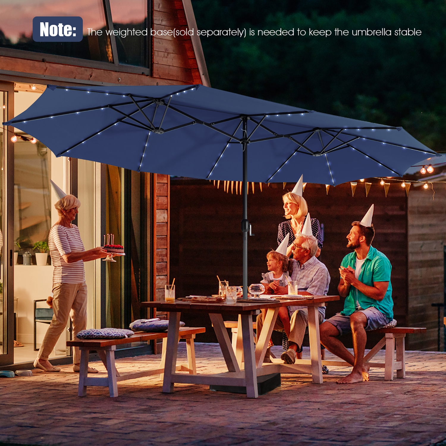 Gymax 15Ft Solar LED Patio Outdoor Double-Sided Umbrella w/ 48 Lights Crank