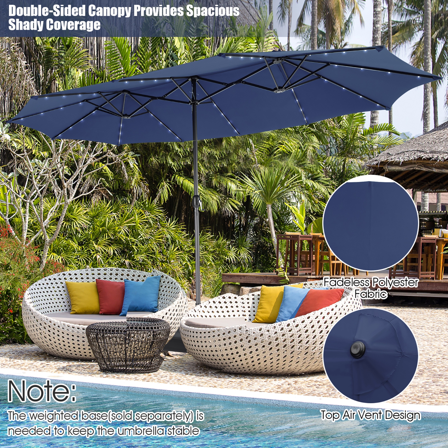 Gymax 15Ft Solar LED Patio Outdoor Double-Sided Umbrella w/ 48 Lights Crank