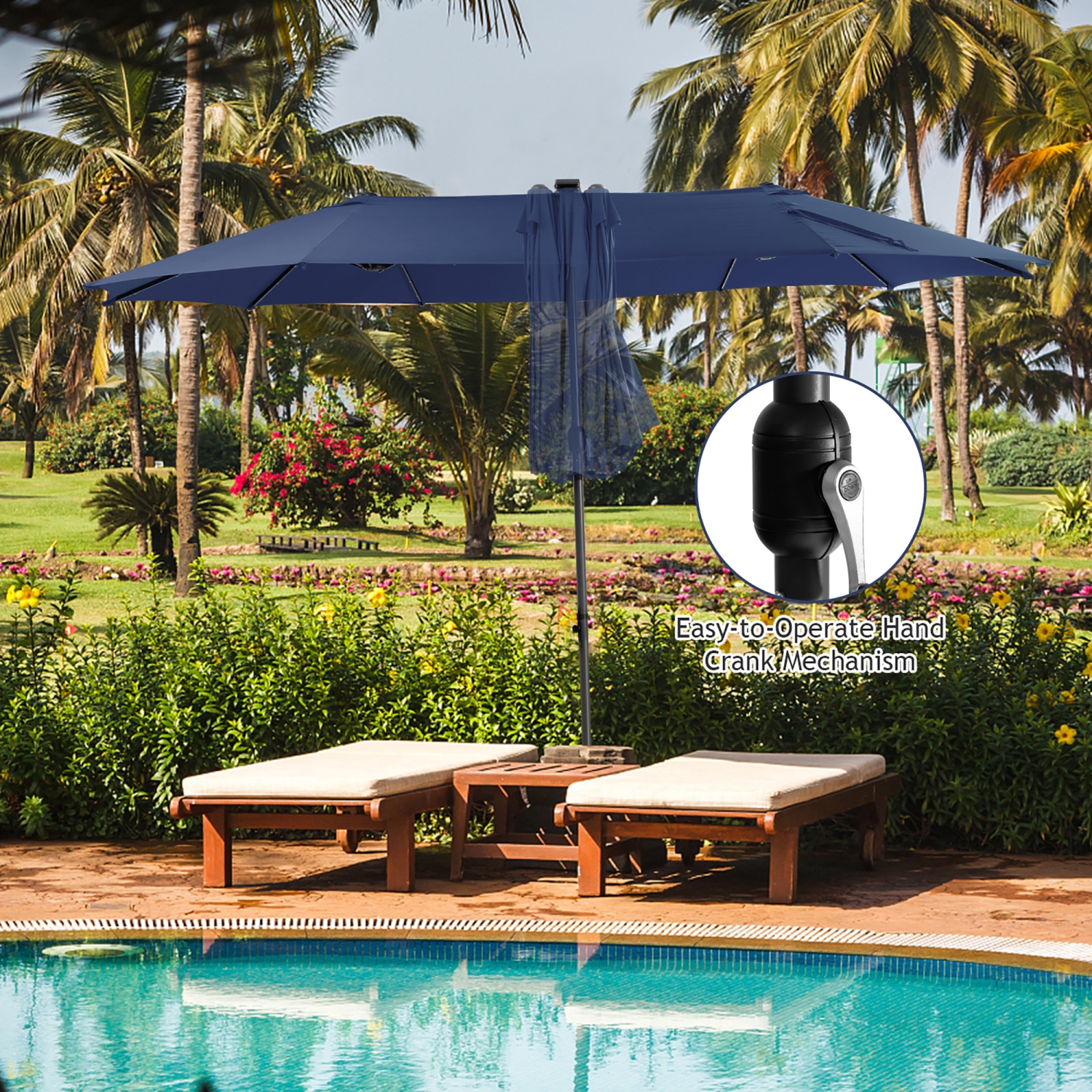 Gymax 15Ft Solar LED Patio Outdoor Double-Sided Umbrella w/ 48 Lights Crank