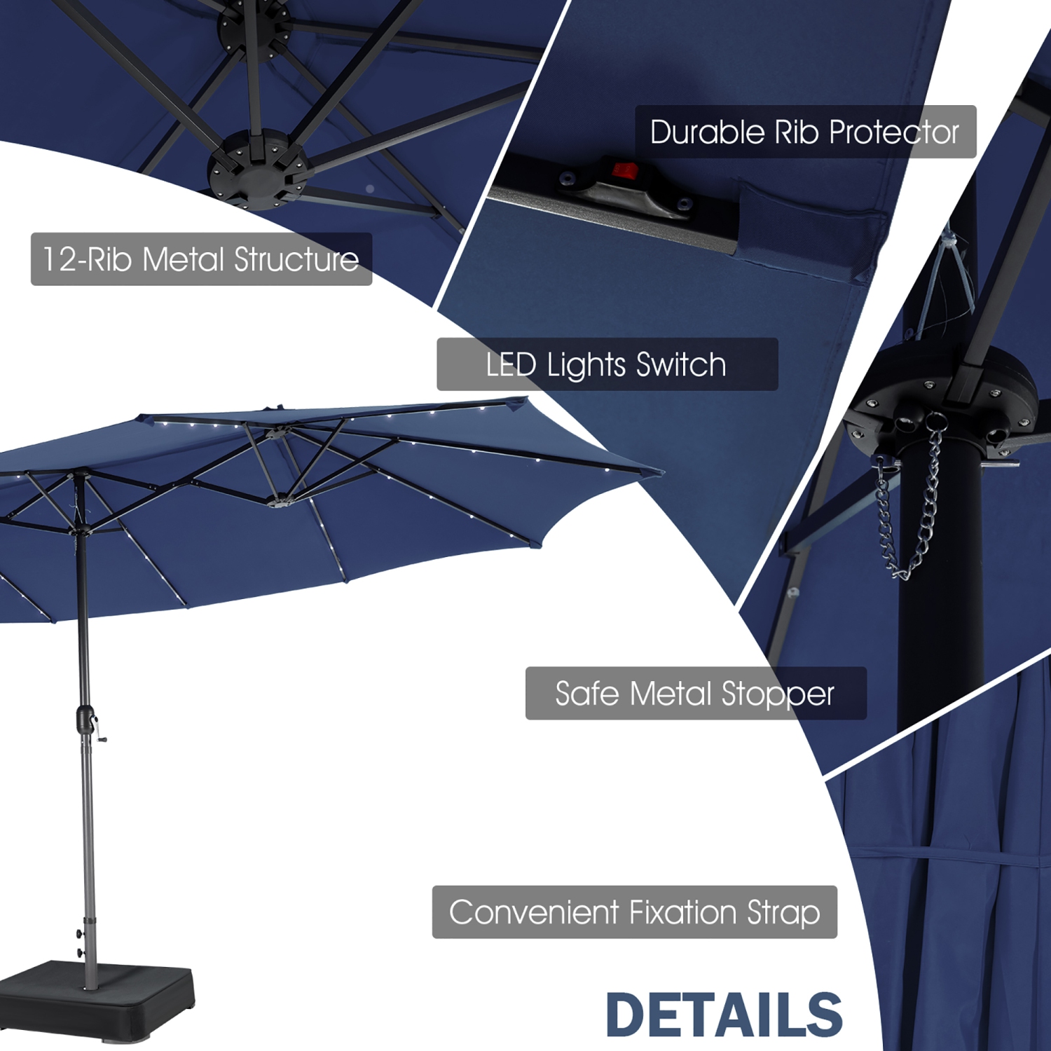 Gymax 15Ft Solar LED Patio Outdoor Double-Sided Umbrella w/ 48 Lights Crank