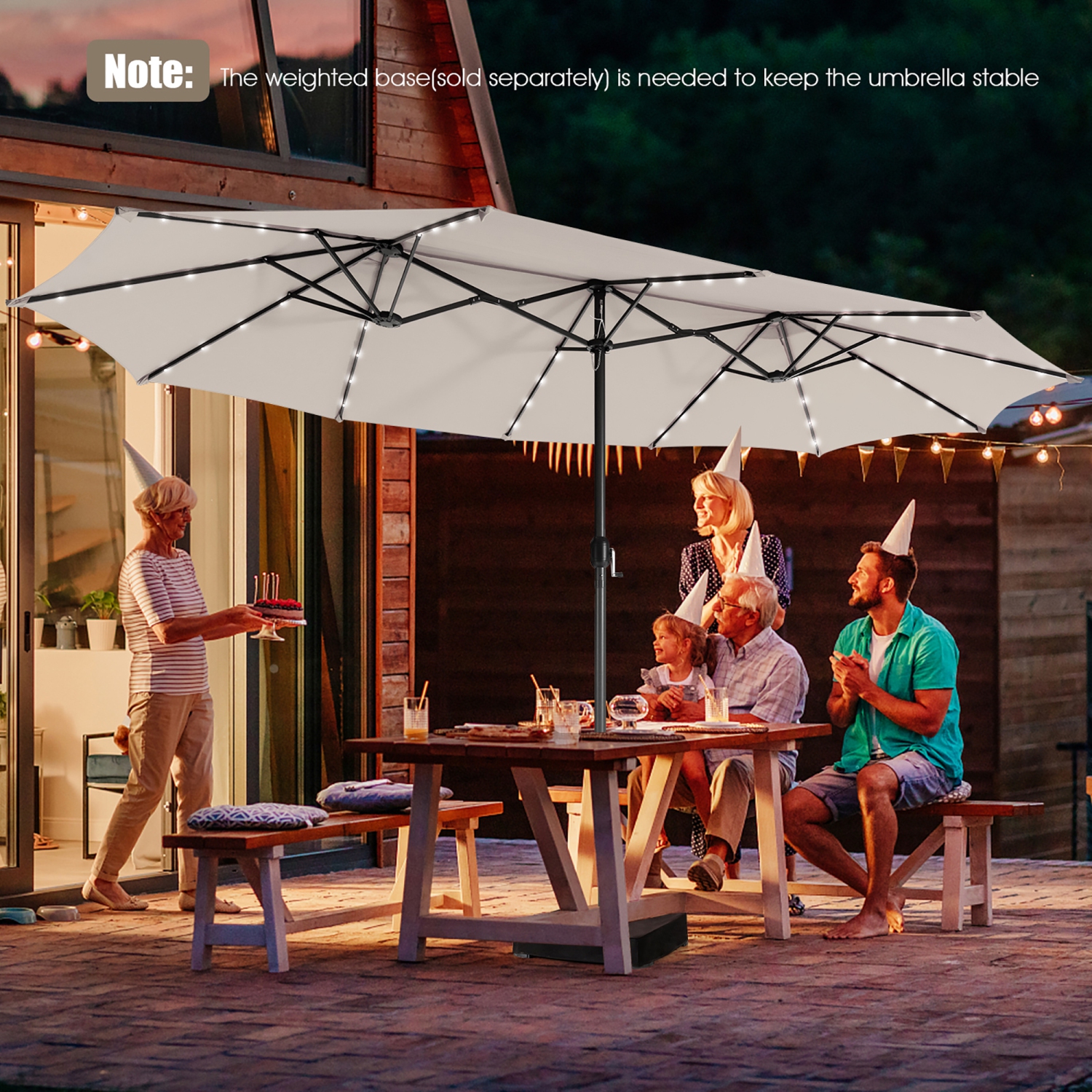 Gymax 15Ft Solar LED Patio Outdoor Double-Sided Umbrella w/ 48 Lights Crank