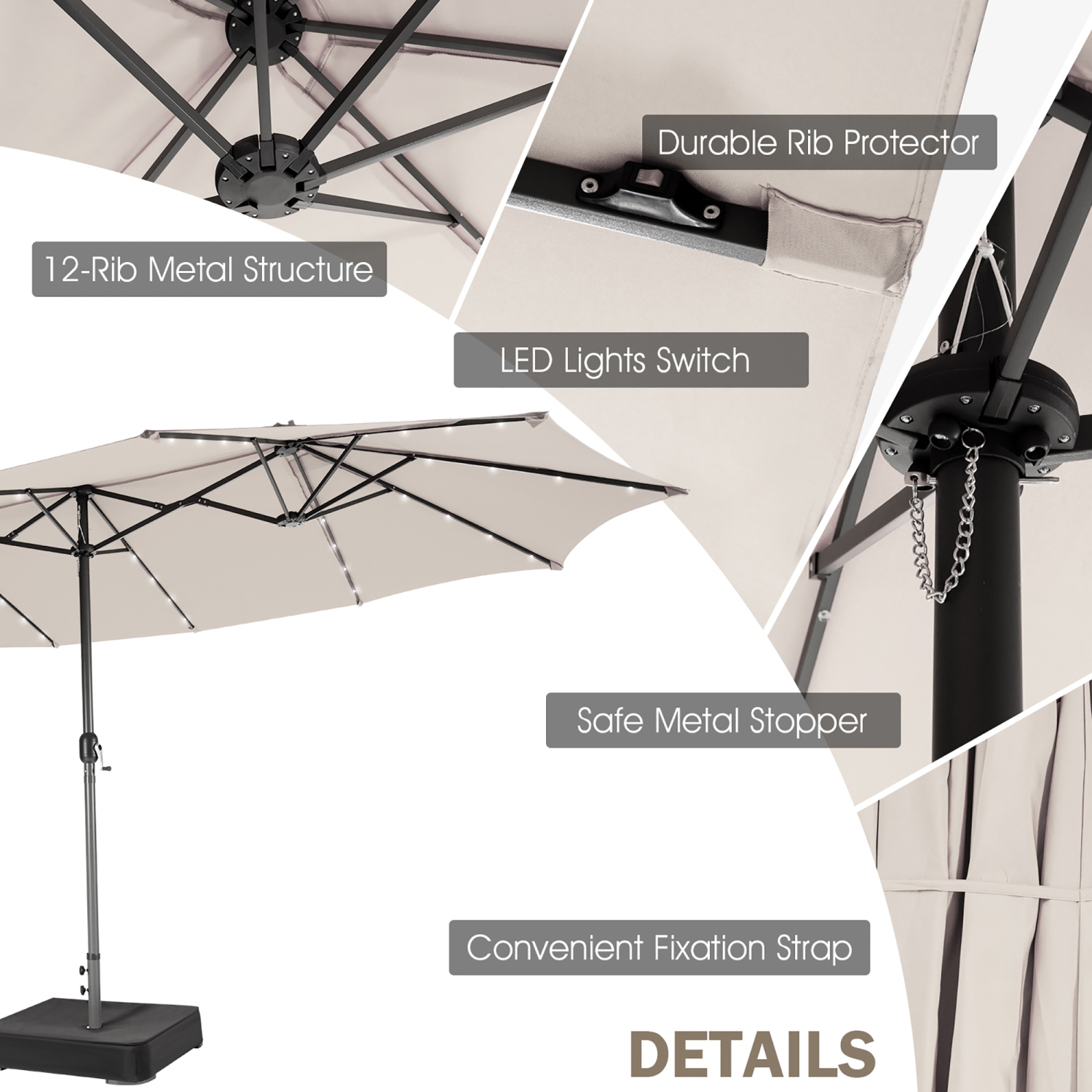 Gymax 15Ft Solar LED Patio Outdoor Double-Sided Umbrella w/ 48 Lights Crank