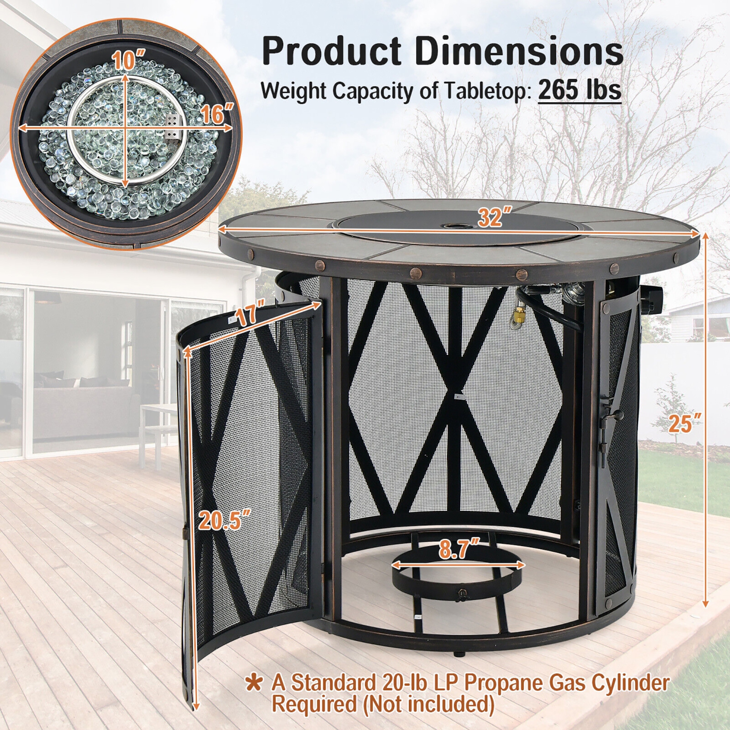 Gymax 32'' Patio Round Fire Pit Table 30,000 BTU Propane Gas Firepit w/ Fire Glasses