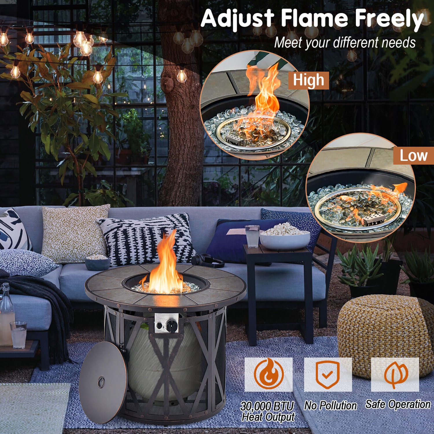 Gymax 32'' Patio Round Fire Pit Table 30,000 BTU Propane Gas Firepit w/ Fire Glasses