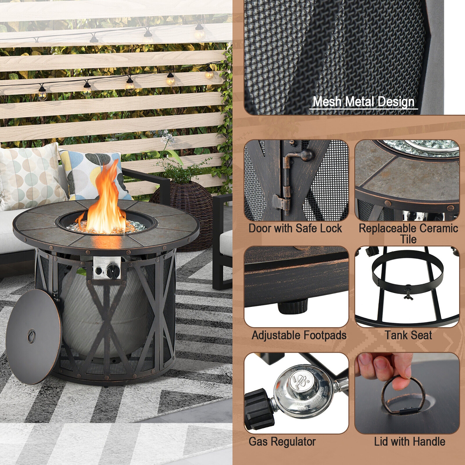 Gymax 32'' Patio Round Fire Pit Table 30,000 BTU Propane Gas Firepit w/ Fire Glasses