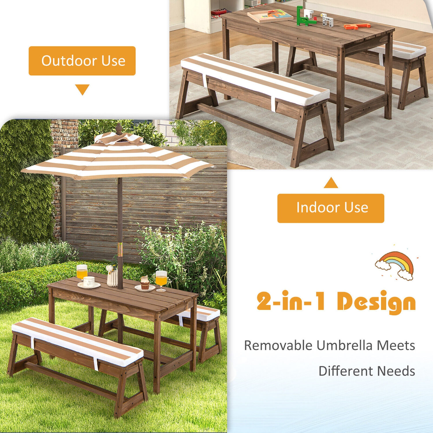 Gymax Kids Wood Picnic Table and Bench Set w/ Cushions Umbrella for Indoor Outdoor