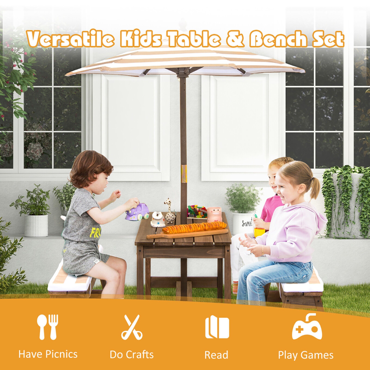 Gymax Kids Wood Picnic Table and Bench Set w/ Cushions Umbrella for Indoor Outdoor