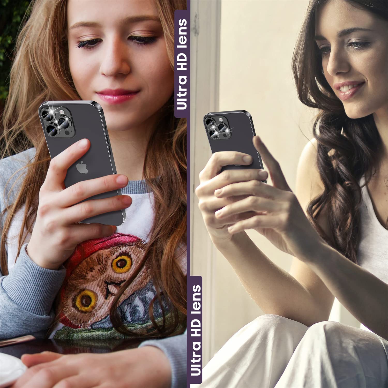 Protecteur objectif 14 Pro 6.1 po/14 Pro Max 6.7 po iPhone, étui en verre trempé pour iPhone 14 Pro Max/pour iPhone 14 Pro Glitter Diamonds - Noir