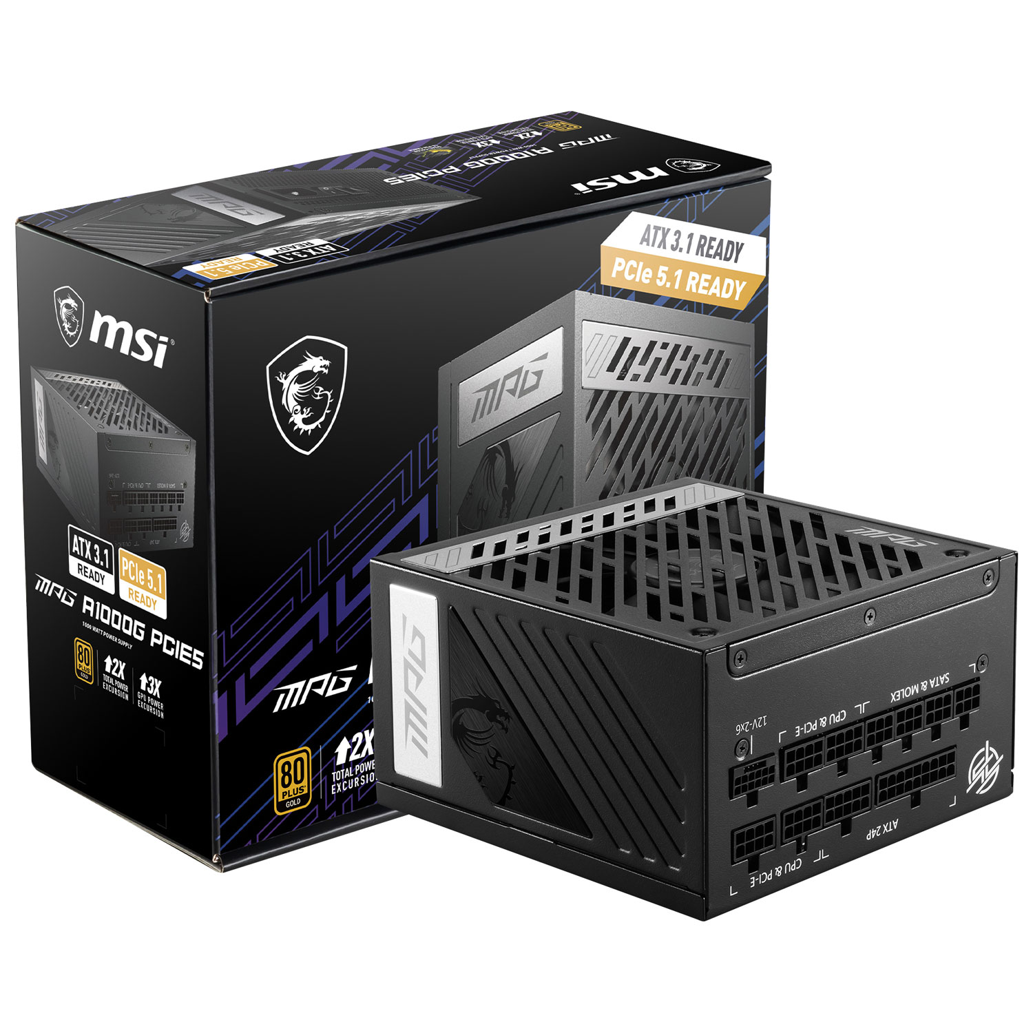 Bloc d'alimentation modulaire de jeu de 1000 W ATX 3.0 MPG A1000G PCIE 5 80 Plus Gold de MSI - Noir