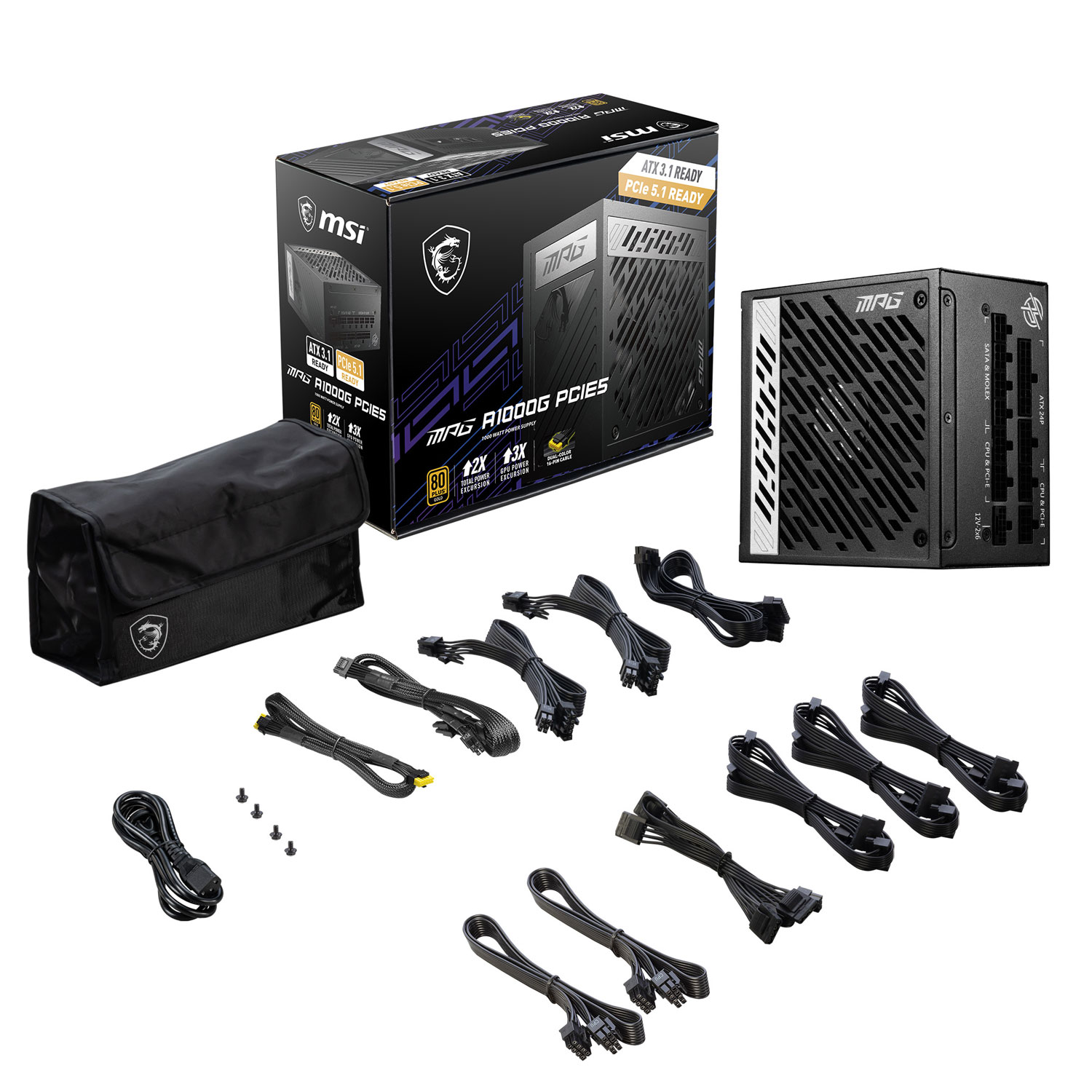 Bloc d'alimentation modulaire de jeu de 1000 W ATX 3.0 MPG A1000G PCIE 5 80 Plus Gold de MSI - Noir
