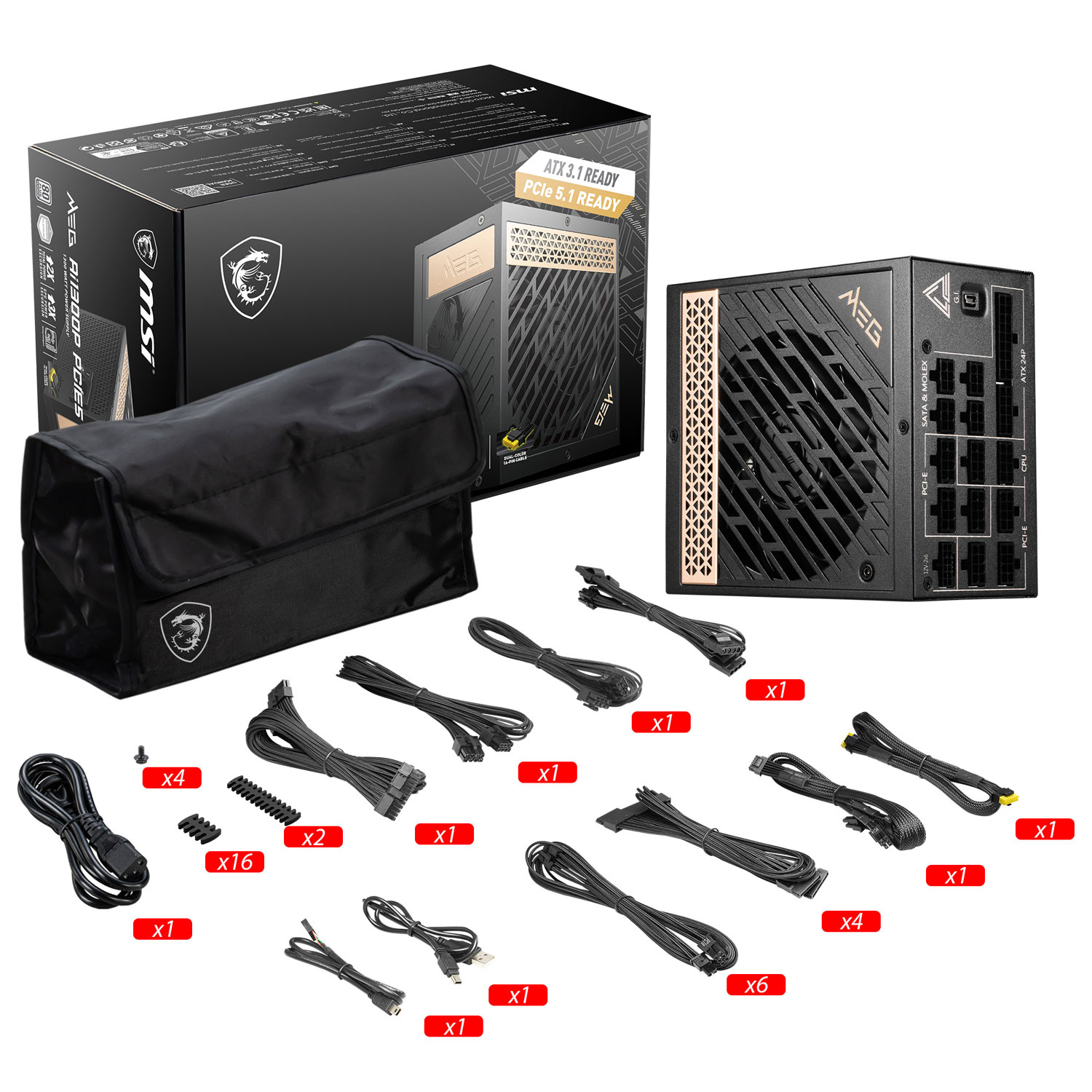Bloc d'alimentation modulaire ATX de 1300 W 80 Plus Platinum MEGAi1300P de MSI