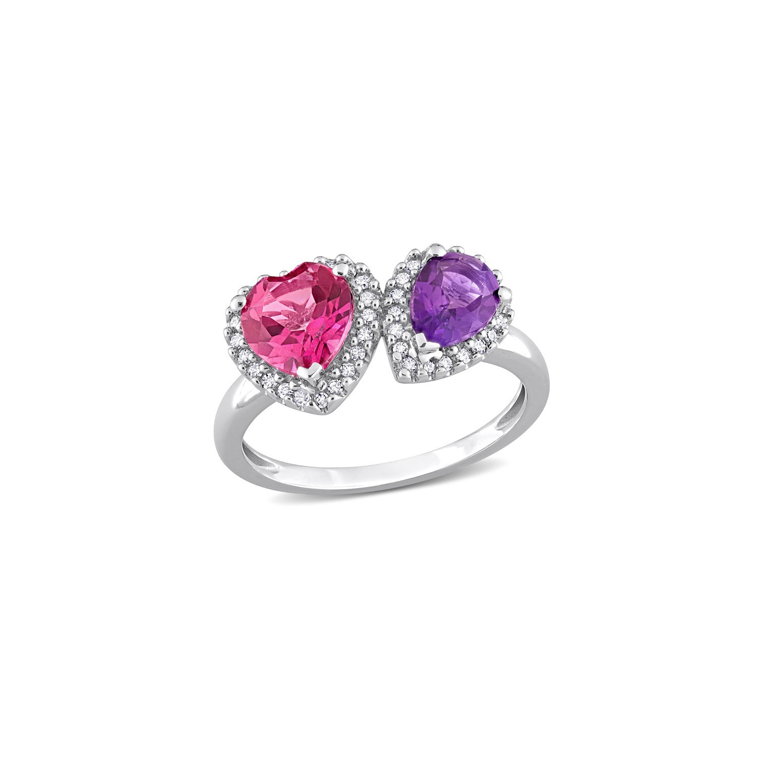 2.10 Carat African Amethyst and Pink Topaz Heart Ring in 14K White Gold with Diamonds