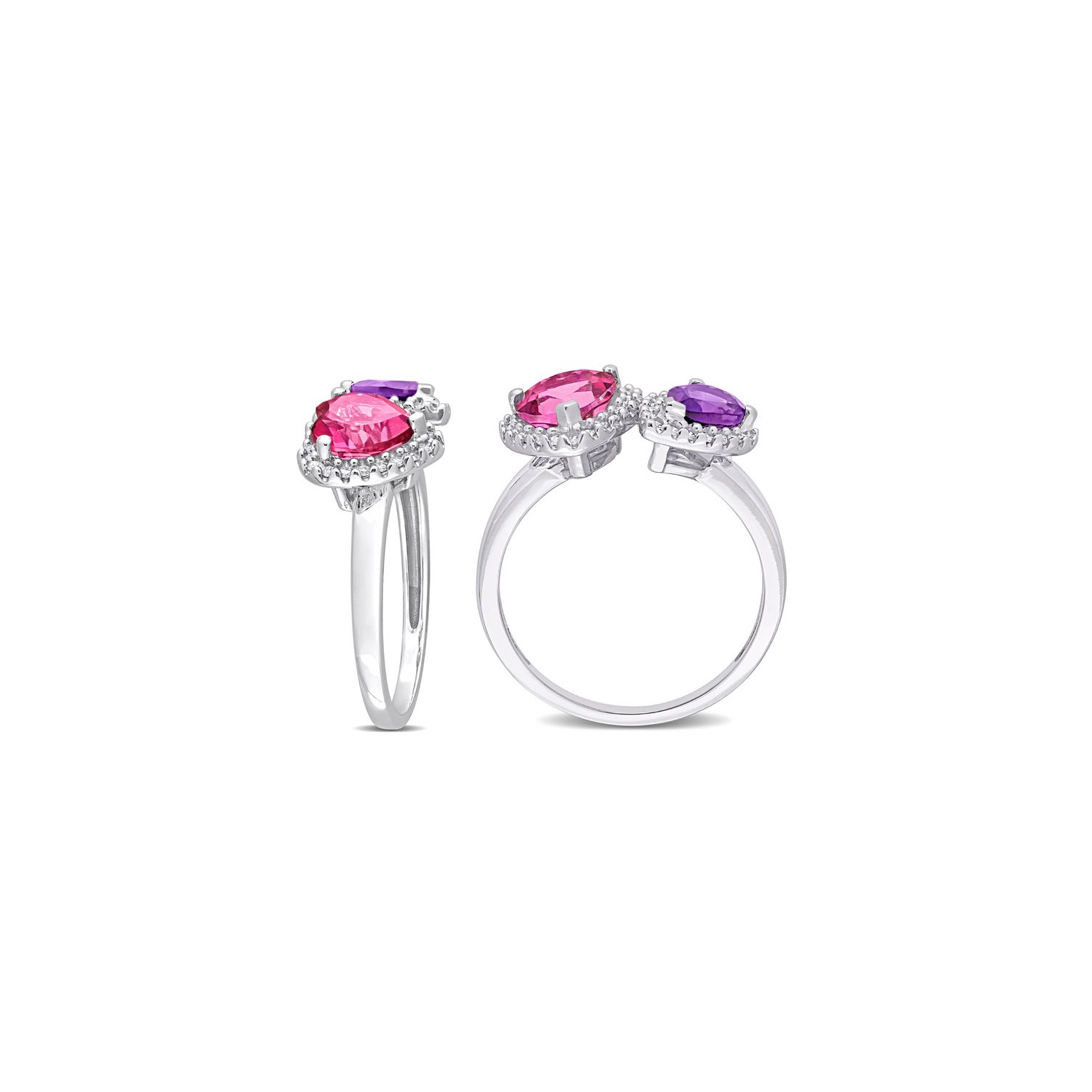 2.10 Carat African Amethyst and Pink Topaz Heart Ring in 14K White Gold with Diamonds