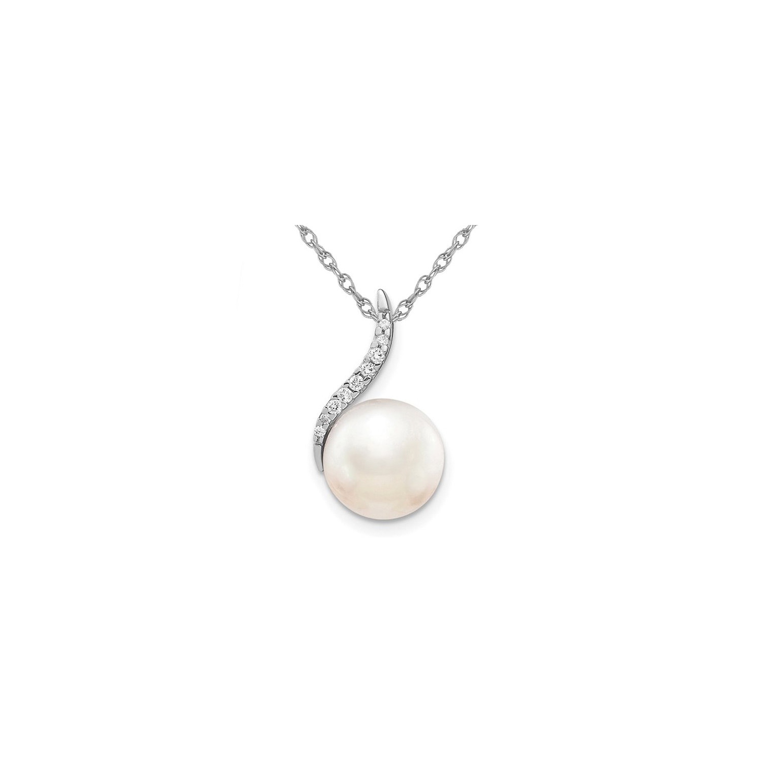 14K White Gold Freshwater Cultured Pearl Pendant Necklace with Chain and Accent Diamonds