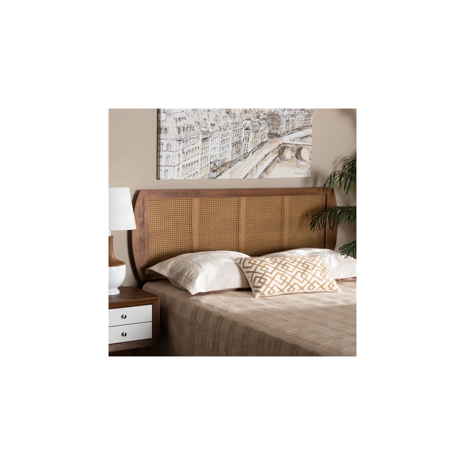 Baxton Studio Harris Walnut Finished Wood and Rattan Queen Size Headboard