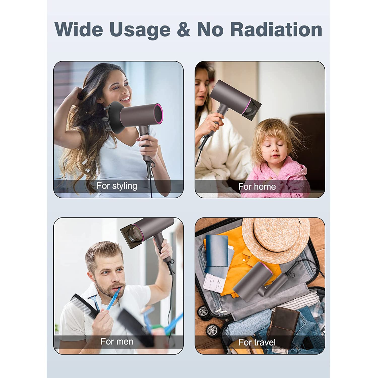 Sèche-cheveux Professional négative IONS 1800 W avec 3 réglages de chaleur/2 vitesses/froid, 2 buses et 1 diffuseur, séchoir pliant pour la maison,