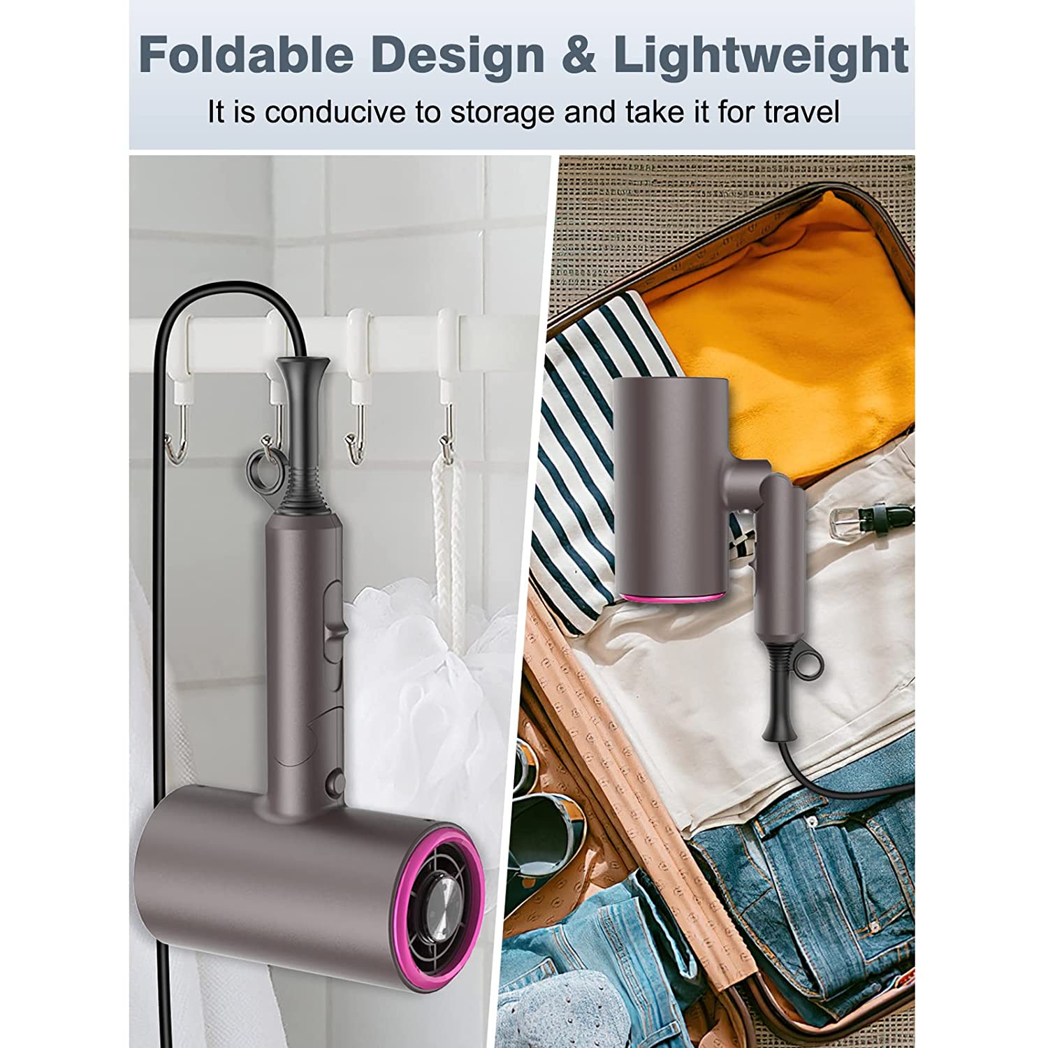 Sèche-cheveux Professional négative IONS 1800 W avec 3 réglages de chaleur/2 vitesses/froid, 2 buses et 1 diffuseur, séchoir pliant pour la maison,