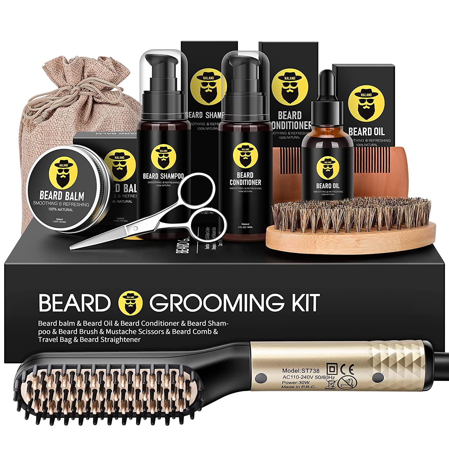 A|M Ushai Beard Straightener Kit, Beard Growth Grooming Kit, Beard Straightener, Beard Growth Oil, Beard Wash Shampoo, Conditioner, Balm, Wax, Comb,