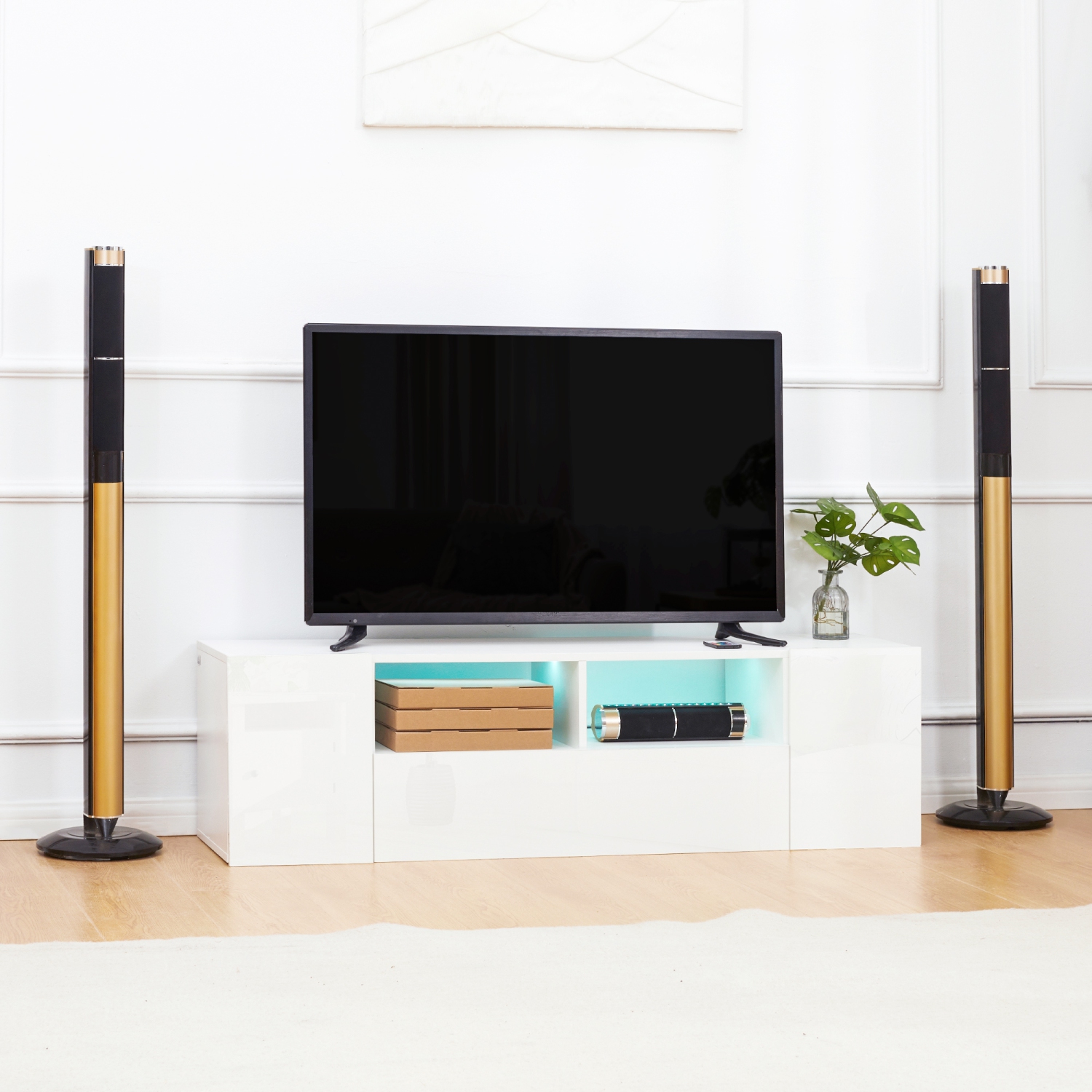 HOMCOM High Gloss TV Cabinet Stand for TVs up to 60" with LED Lights, Entertainment Center with Storage Shelves and Cupboards, White