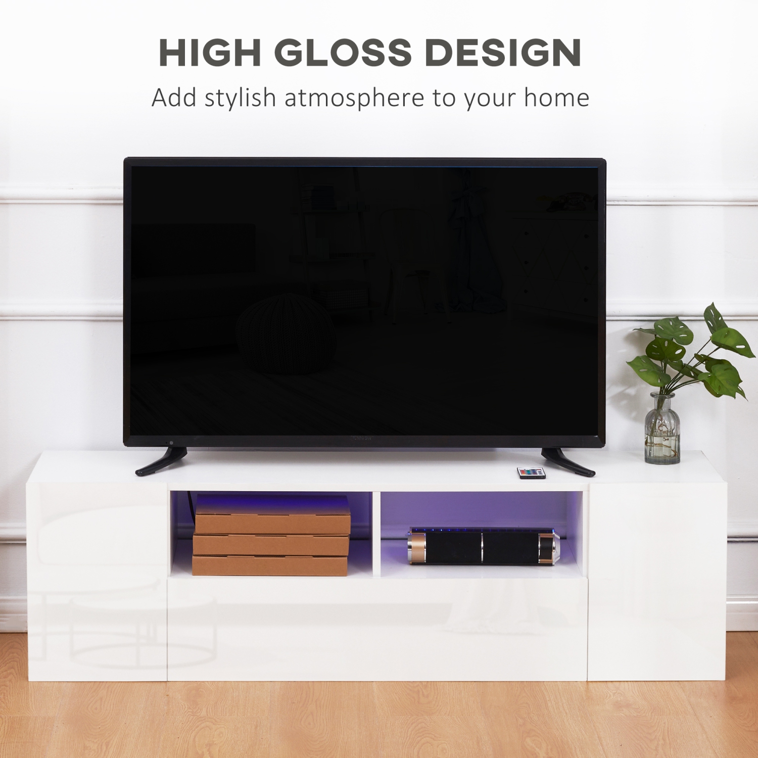 HOMCOM High Gloss TV Cabinet Stand for TVs up to 60" with LED Lights, Entertainment Center with Storage Shelves and Cupboards, White