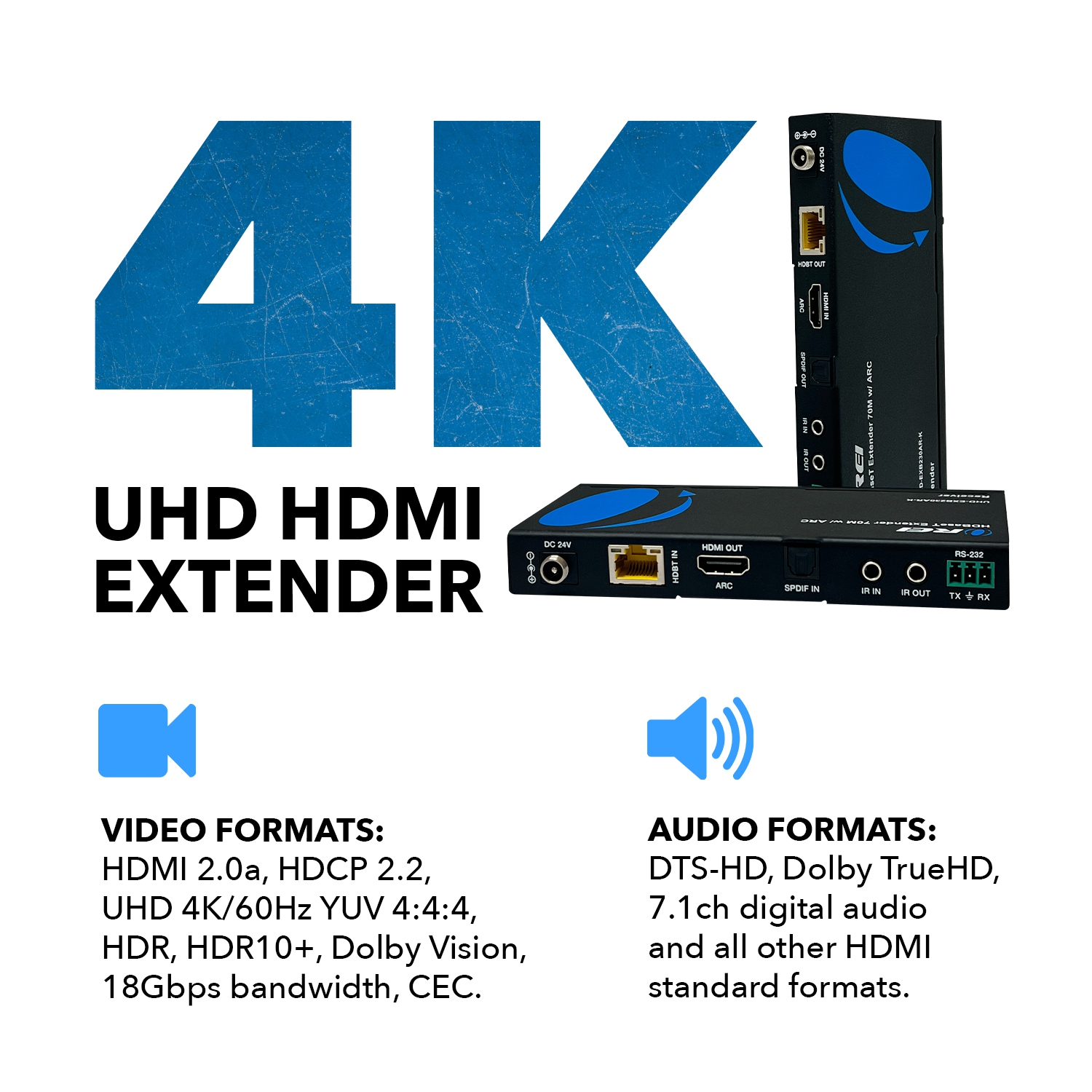 4K UHD HDMI Extender With HDBaseT Over CAT5e/6/7 Supports ARC & Bi-Directional IR Control up to 230 Ft