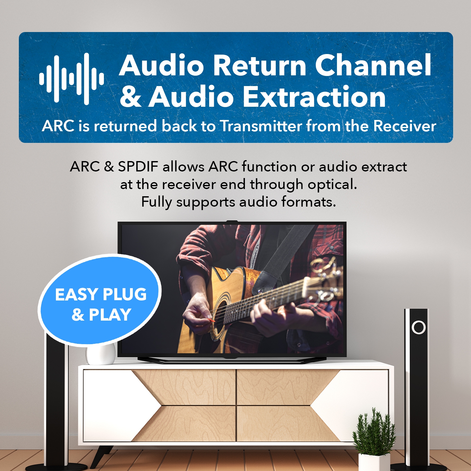 4K UHD HDMI Extender With HDBaseT Over CAT5e/6/7 Supports ARC & Bi-Directional IR Control up to 230 Ft