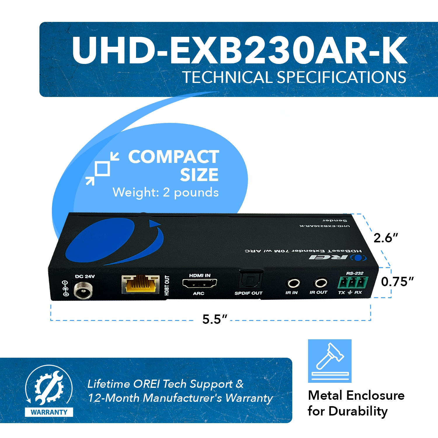 4K UHD HDMI Extender With HDBaseT Over CAT5e/6/7 Supports ARC & Bi-Directional IR Control up to 230 Ft
