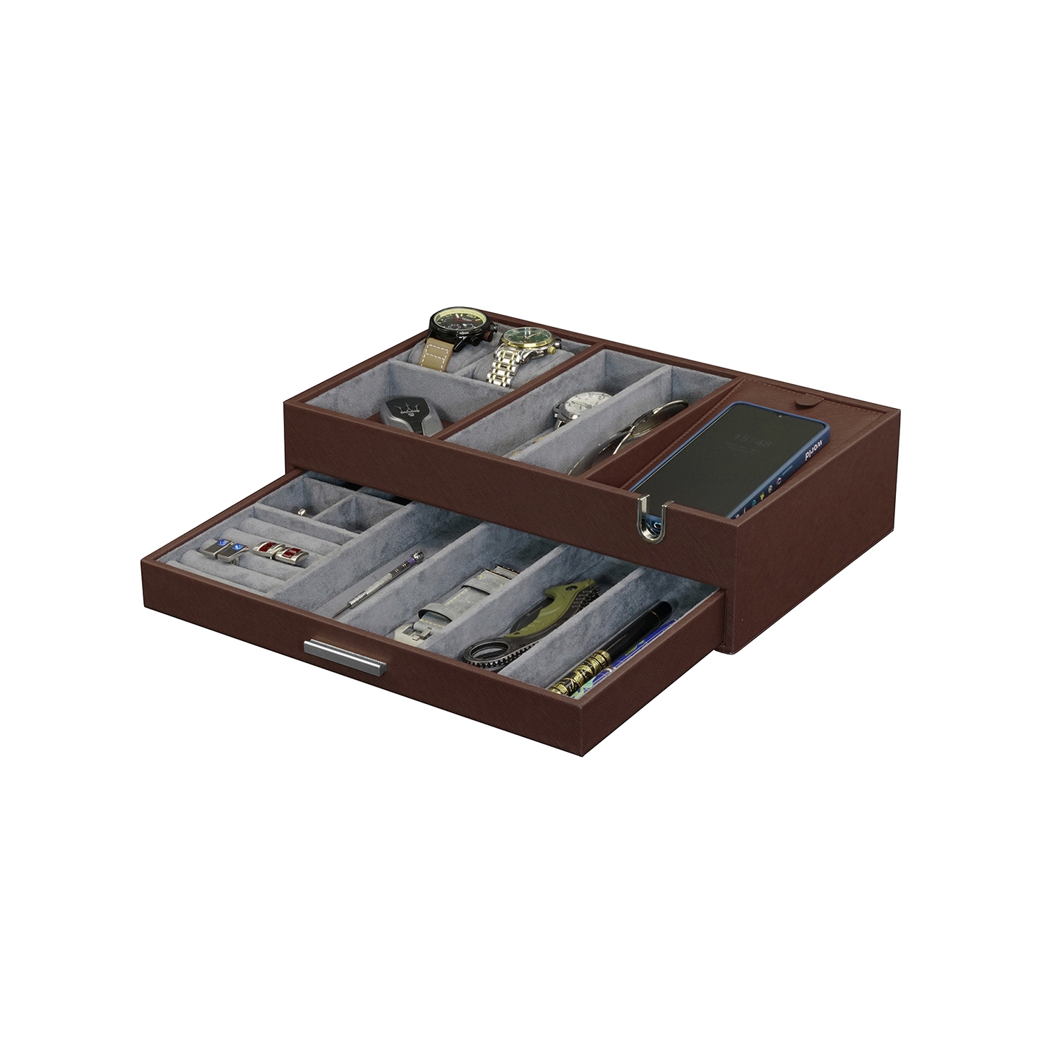 Arolly Multi-Functional Leatherette Valet Tray Dresser with Pull Out Drawer for Phone, Coins, Watches, Jewelry, Cufflinks, Keys and Other