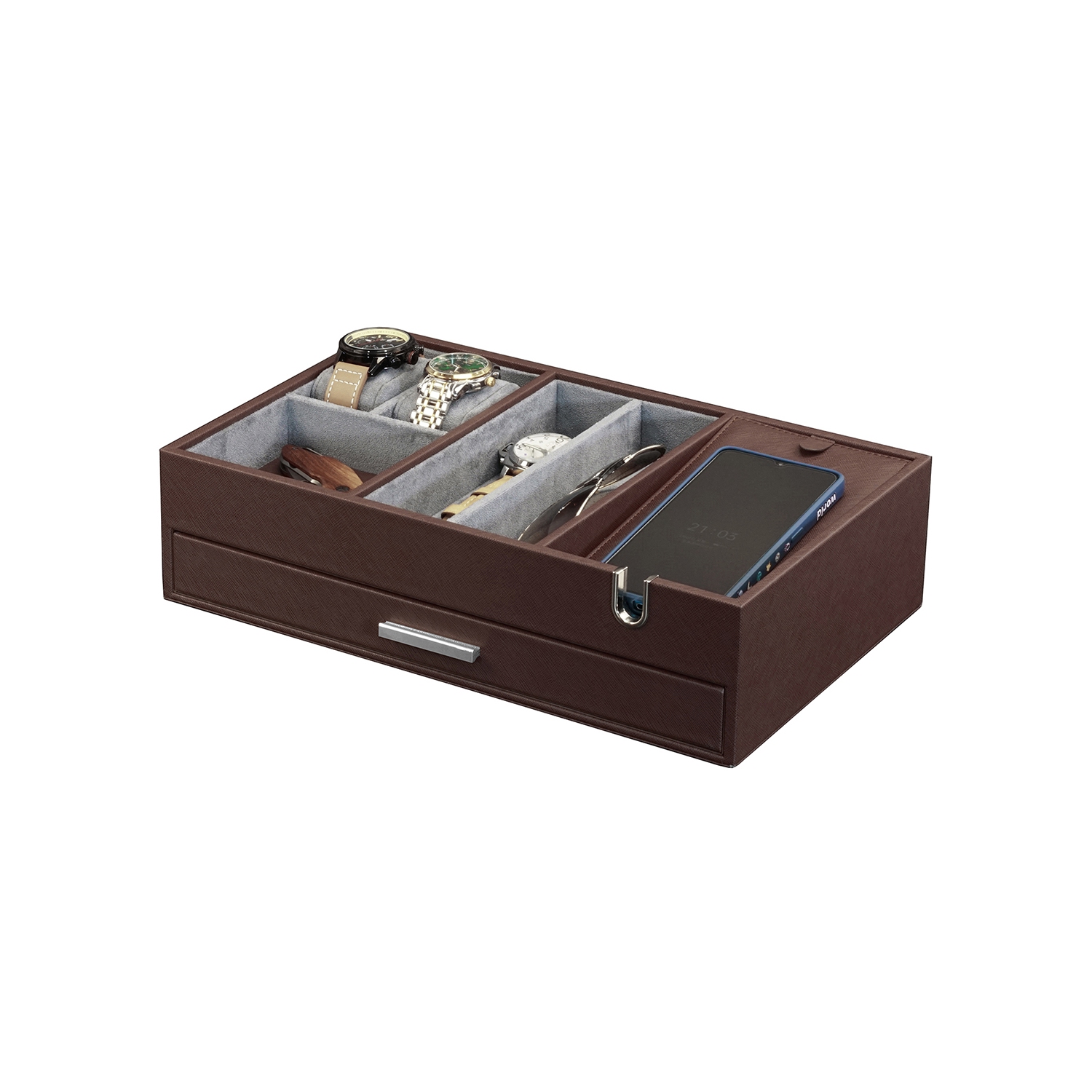 Arolly Multi-Functional Leatherette Valet Tray Dresser with Pull Out Drawer for Phone, Coins, Watches, Jewelry, Cufflinks, Keys and Other