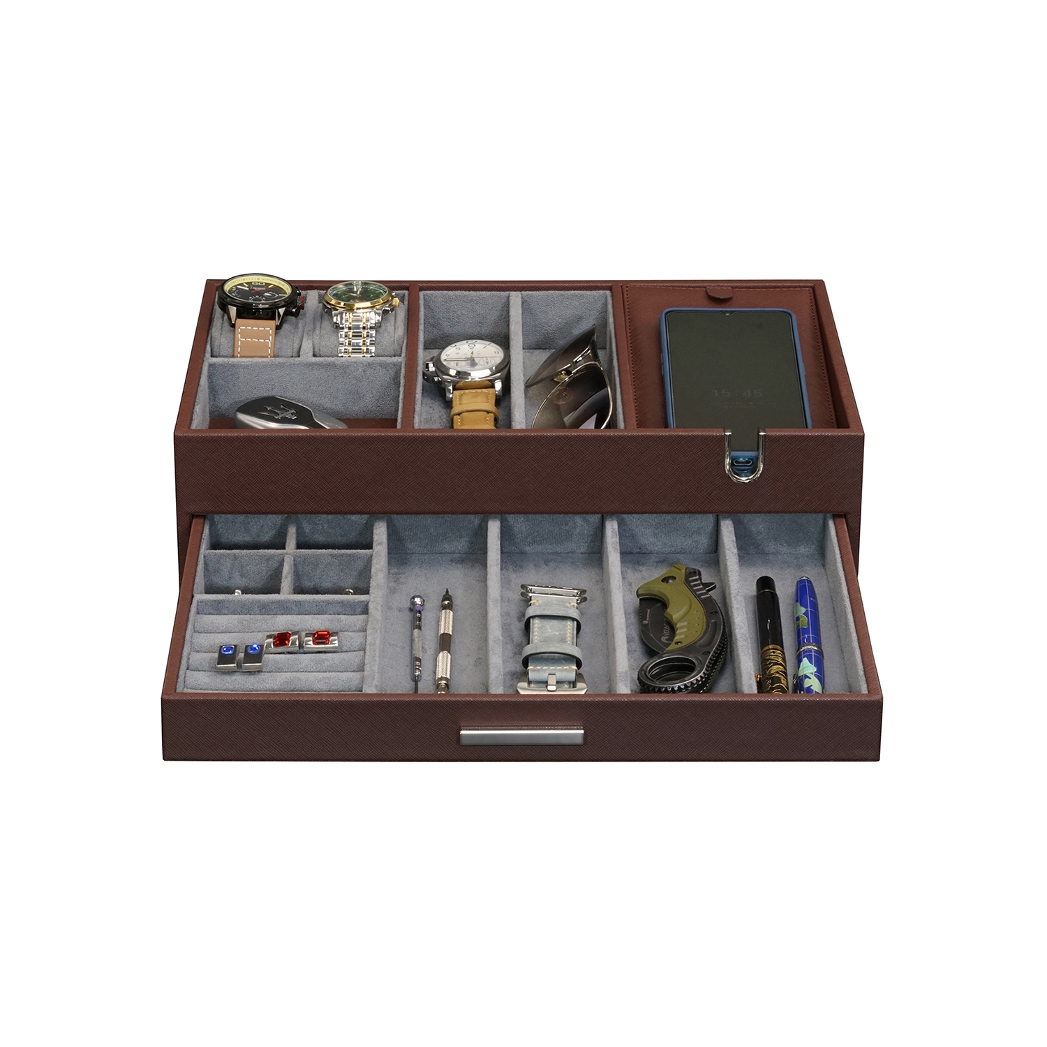 Arolly Multi-Functional Leatherette Valet Tray Dresser with Pull Out Drawer for Phone, Coins, Watches, Jewelry, Cufflinks, Keys and Other