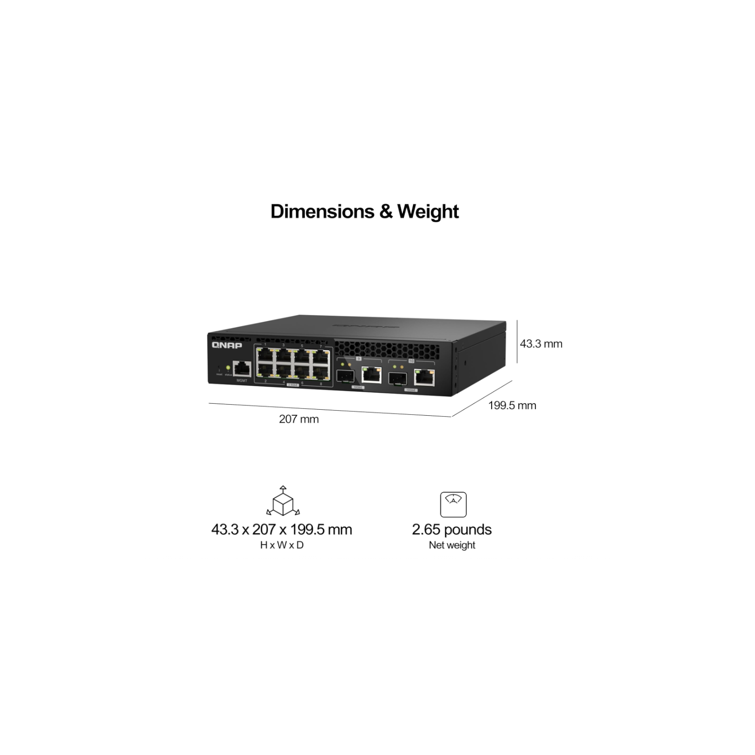 QNAP – Commutateur de montage sur bâti demi-largeur géré par le Web QSW-M2108R-2C, avec deux ports combinés SFP+/RJ45 10GbE et huit ports Gigabit 2,5