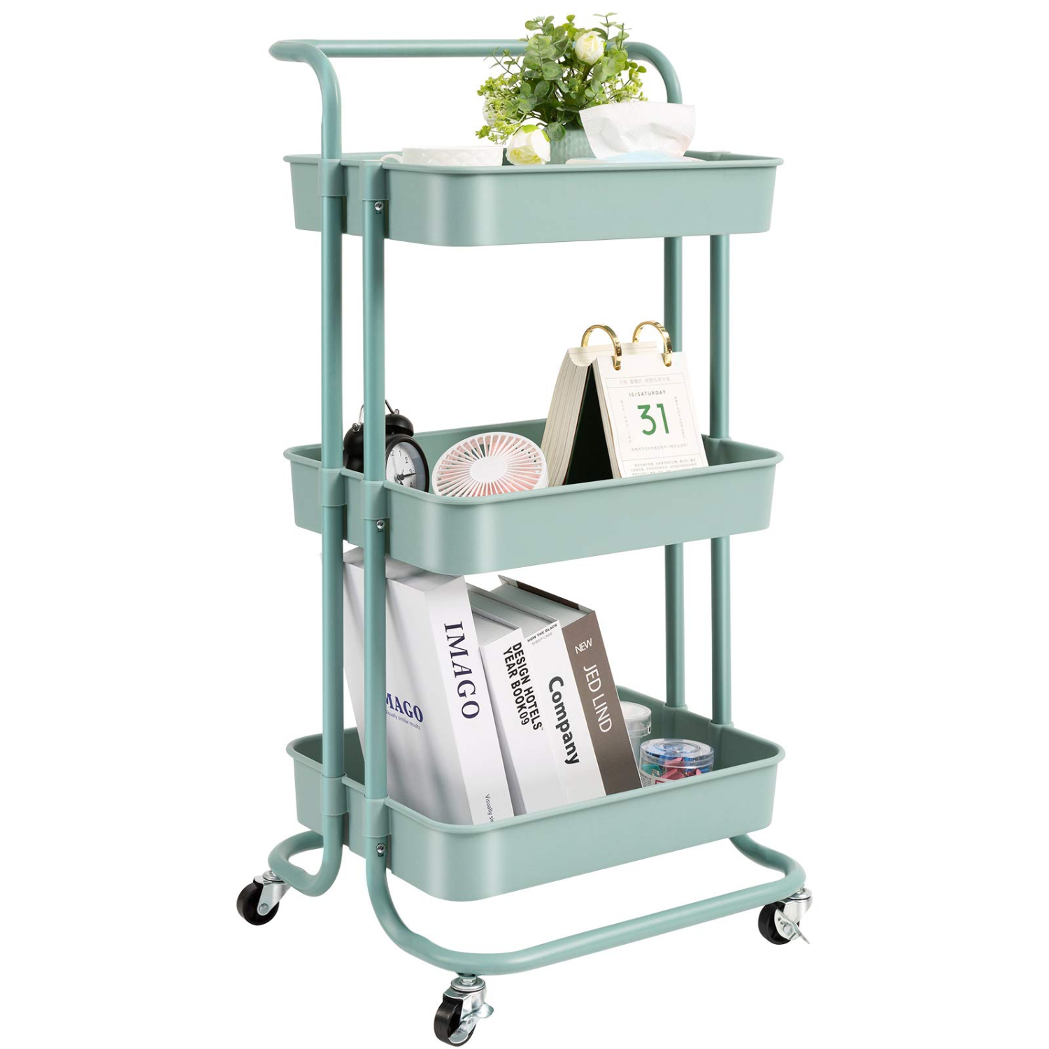 3 Tier Rolling Utility Cart with Wheels and Handle Storage Organization Shelves for Kitchen, Bathroom, Office, Library, Coffee Bar Trolley Service
