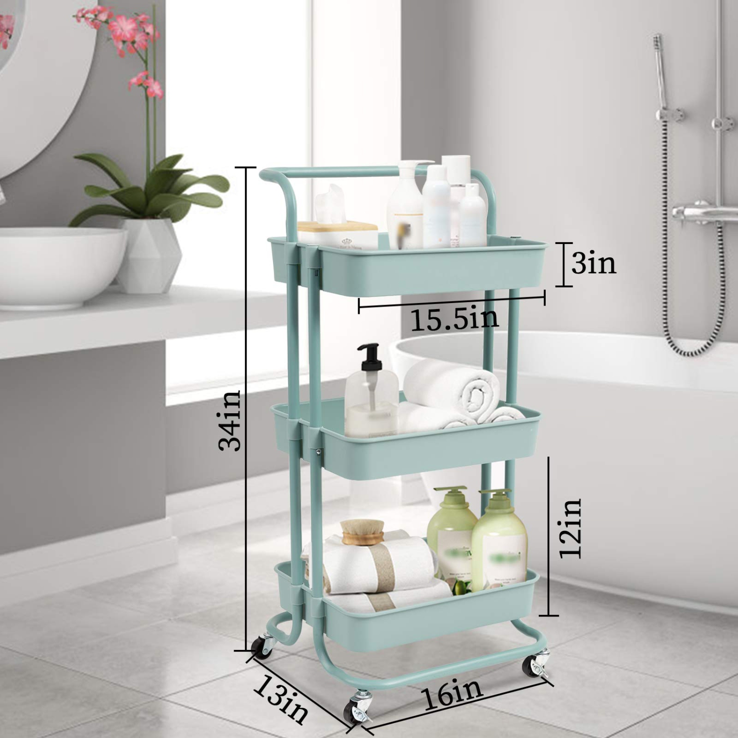 3 Tier Rolling Utility Cart with Wheels and Handle Storage Organization Shelves for Kitchen, Bathroom, Office, Library, Coffee Bar Trolley Service