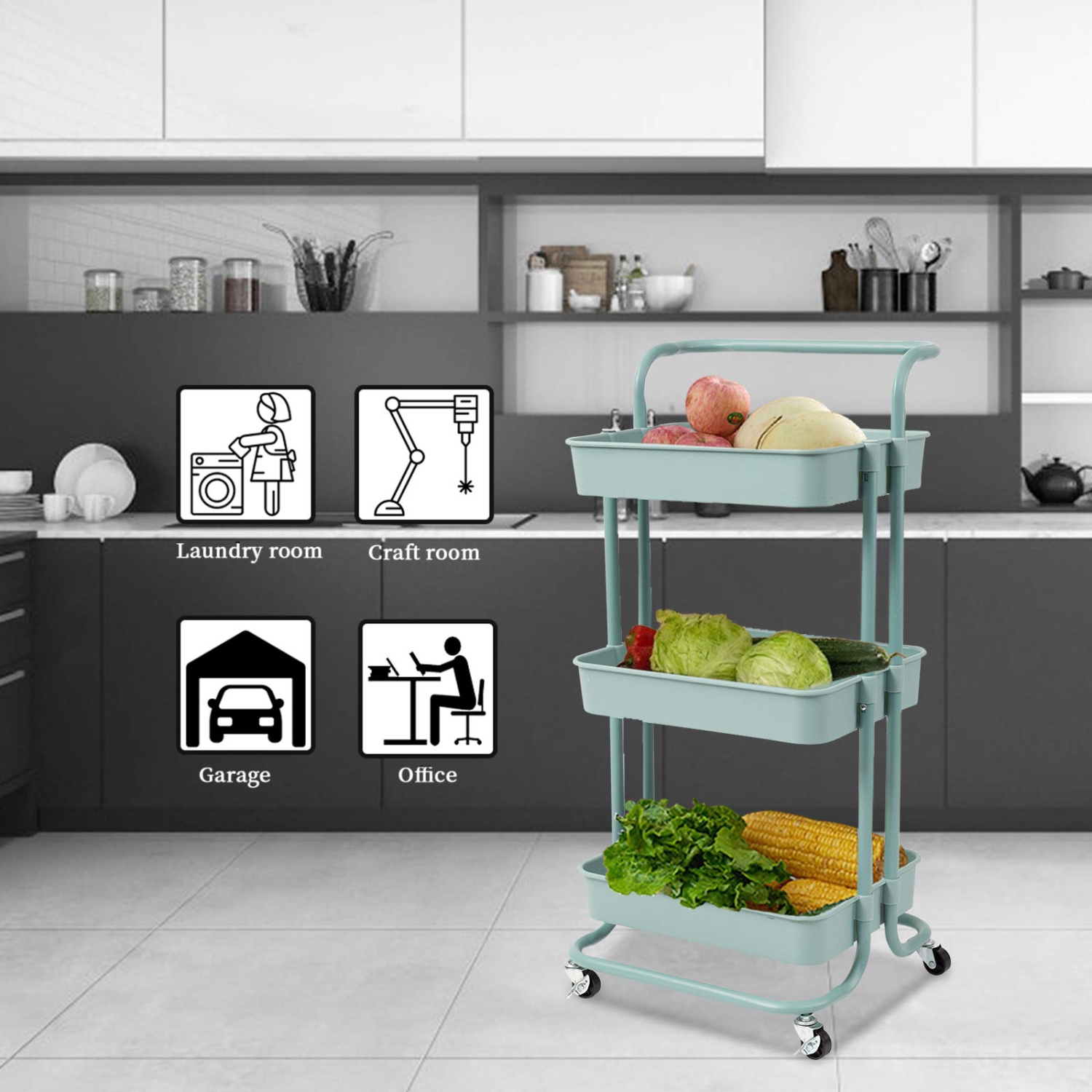 3 Tier Rolling Utility Cart with Wheels and Handle Storage Organization Shelves for Kitchen, Bathroom, Office, Library, Coffee Bar Trolley Service