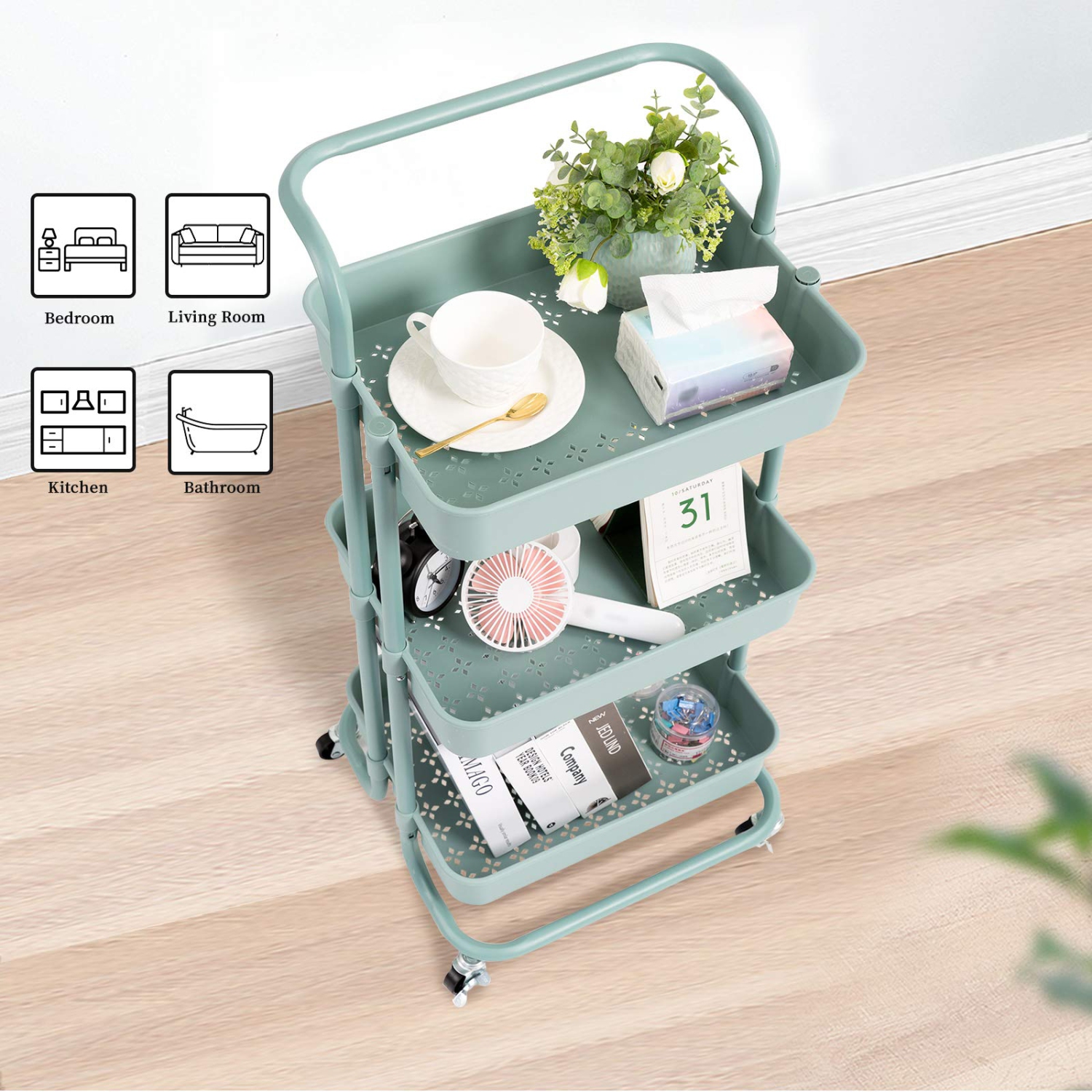 3 Tier Rolling Utility Cart with Wheels and Handle Storage Organization Shelves for Kitchen, Bathroom, Office, Library, Coffee Bar Trolley Service
