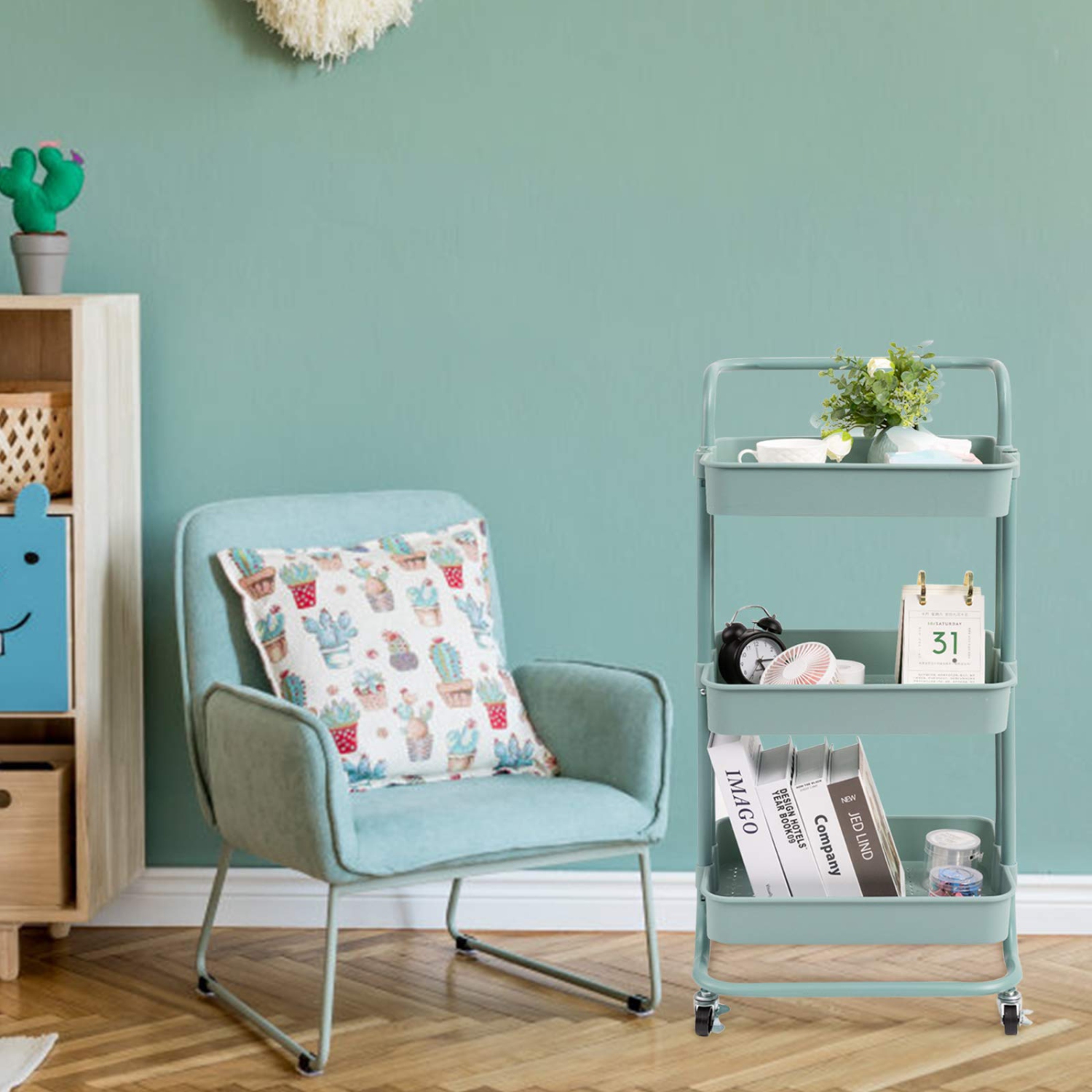 3 Tier Rolling Utility Cart with Wheels and Handle Storage Organization Shelves for Kitchen, Bathroom, Office, Library, Coffee Bar Trolley Service