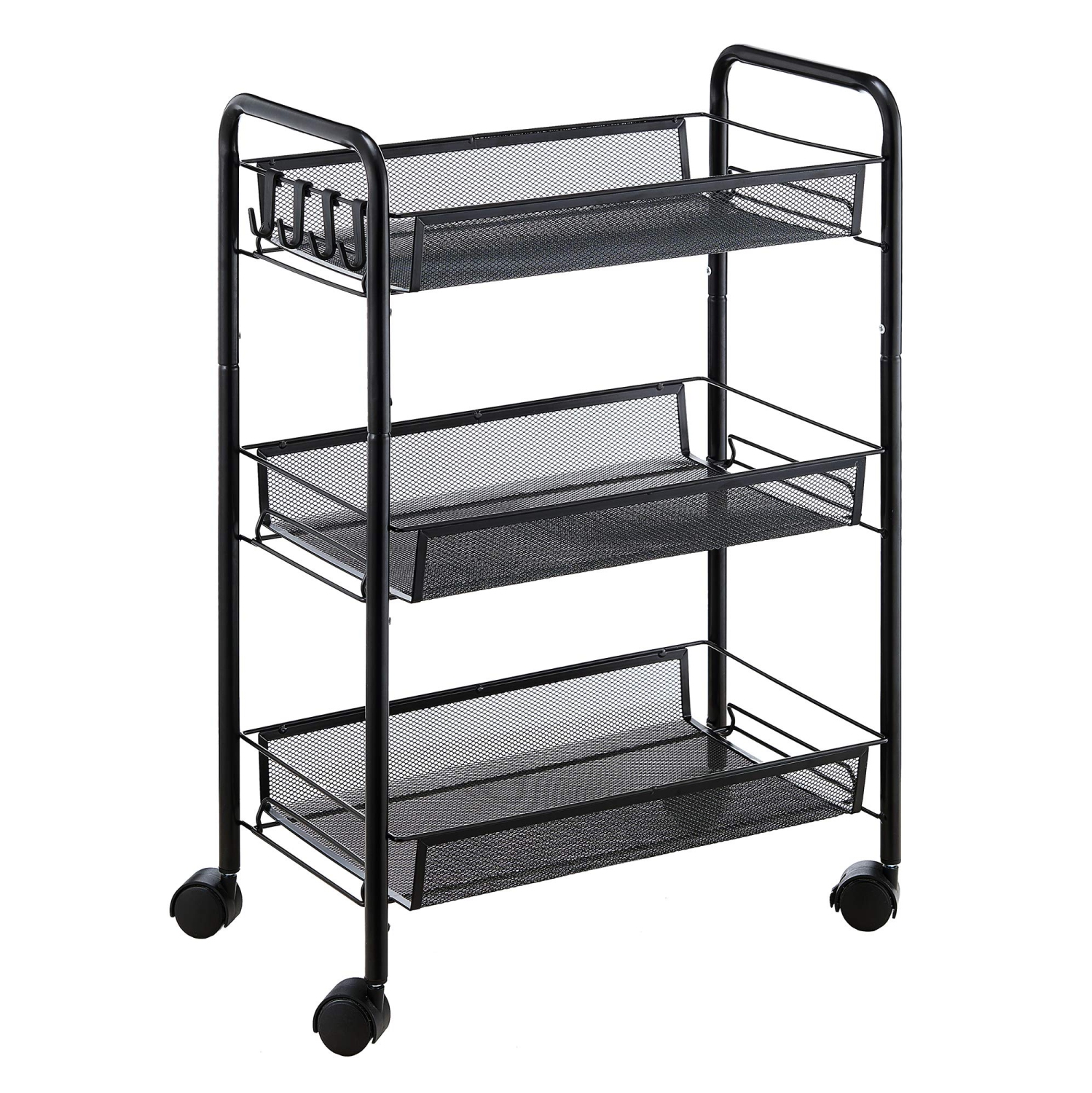 3-Tier Rolling Storage Rack Cart Organizer, Utility Mobile Metal Mesh Trolley with Wire Basket Shelving, Cart on Wheels for Kitchen Office Bathroom, Black