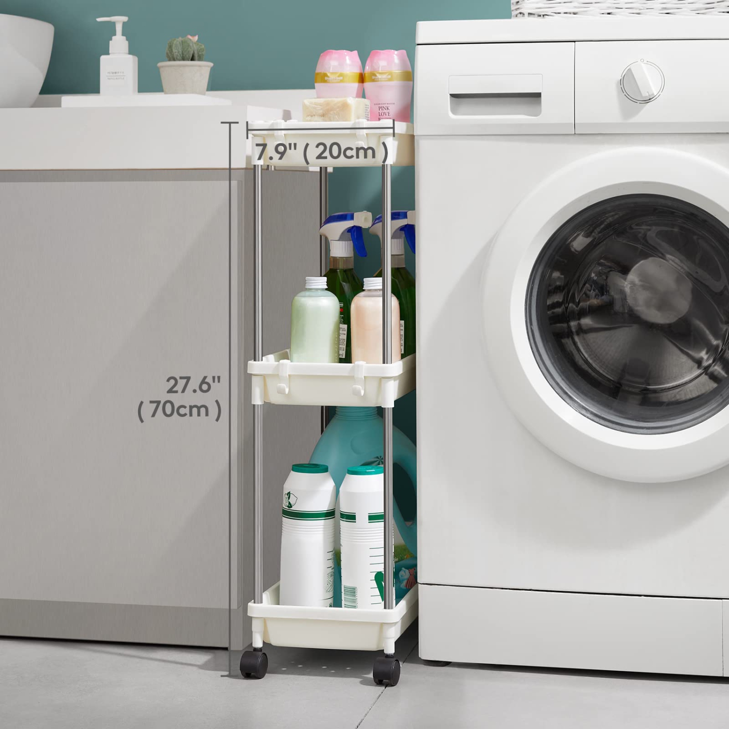 Slim Rolling Utility Cart 7.9" Width for Bathroom LaundryRoom Kitchen Narrow Space, 3 Tier Slide-Out Storage Cart Organizer Rack Shelf with Wheels