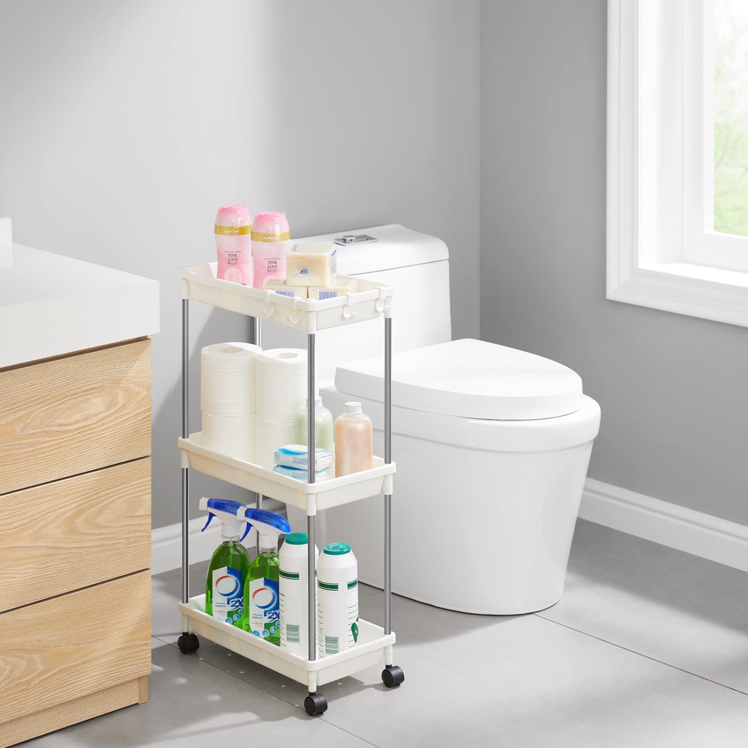 Slim Rolling Utility Cart 7.9" Width for Bathroom LaundryRoom Kitchen Narrow Space, 3 Tier Slide-Out Storage Cart Organizer Rack Shelf with Wheels