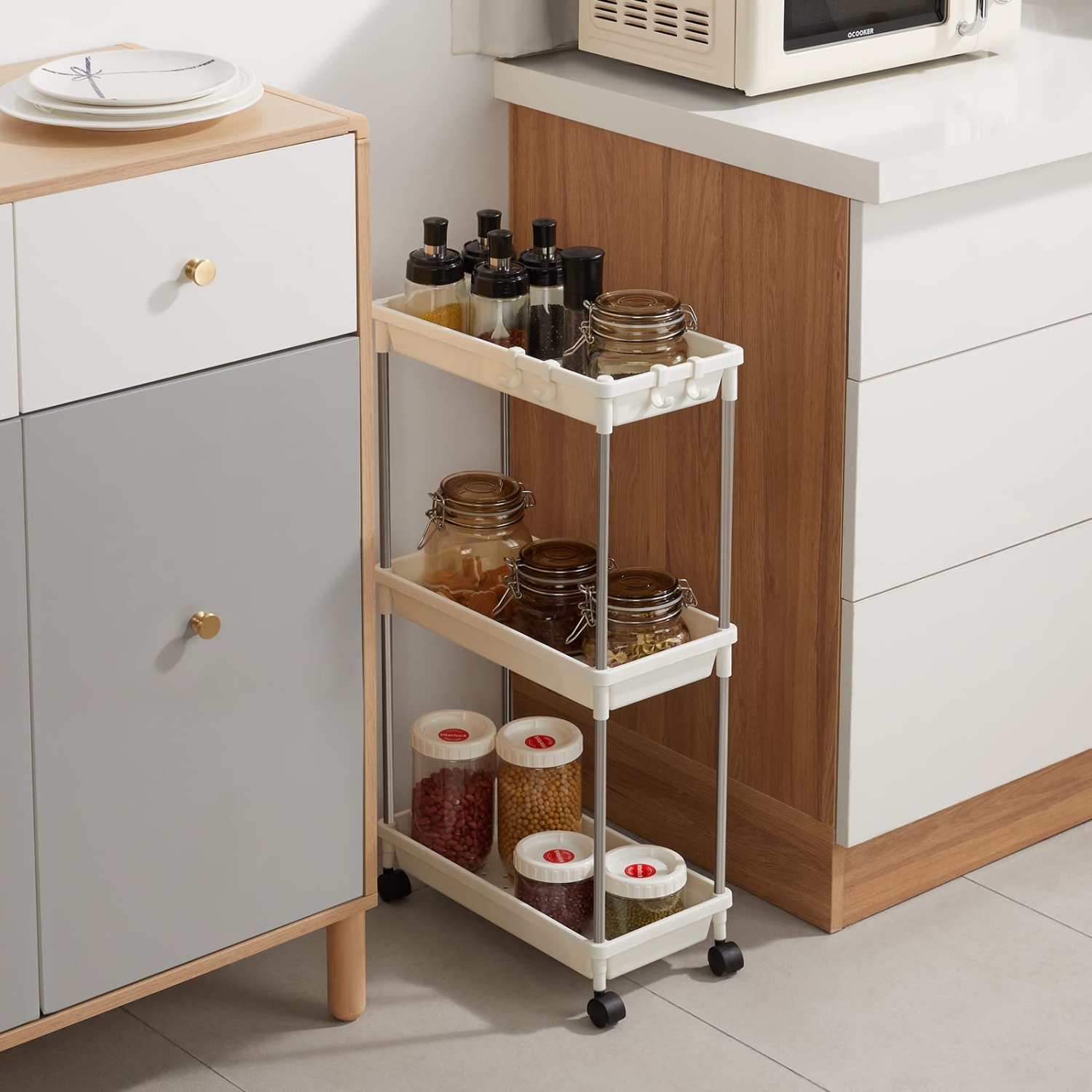 Slim Rolling Utility Cart 7.9" Width for Bathroom LaundryRoom Kitchen Narrow Space, 3 Tier Slide-Out Storage Cart Organizer Rack Shelf with Wheels