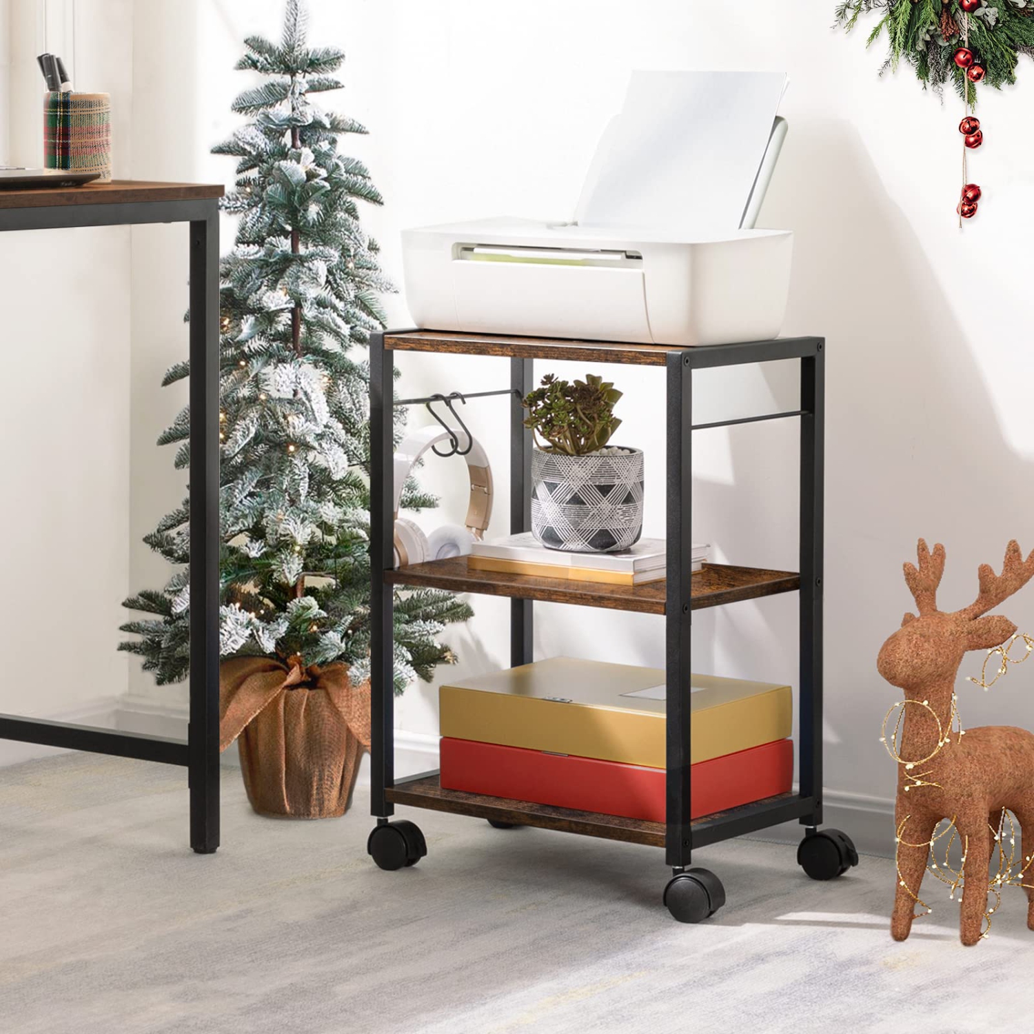 Mobile Printer Stand, 3-Tier Printer Cart Under Desk with Storage, Industrial Rolling Cart with 2 Hooks, Sturdy Little Cart on Wheels for Home